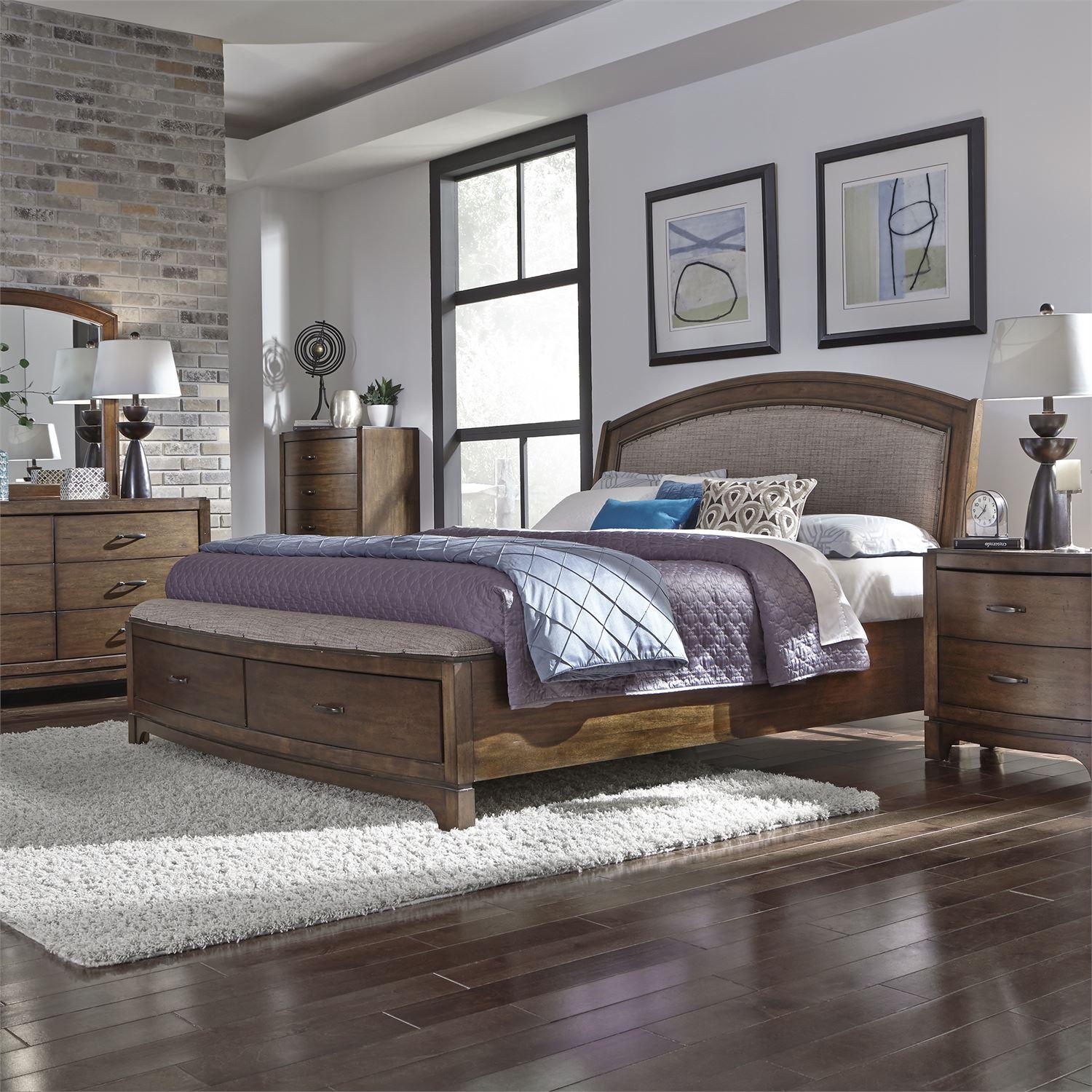 

    
Pebble Brown Finish & Fabric Queen Storage Bedroom Set 4 Pcs Avalon 705-BR-QSBDMN Liberty Furniture
