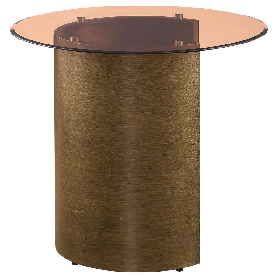 

    
 Shop  Contemporary Brushed Bronze Metal End Table Coaster Morena 721597
