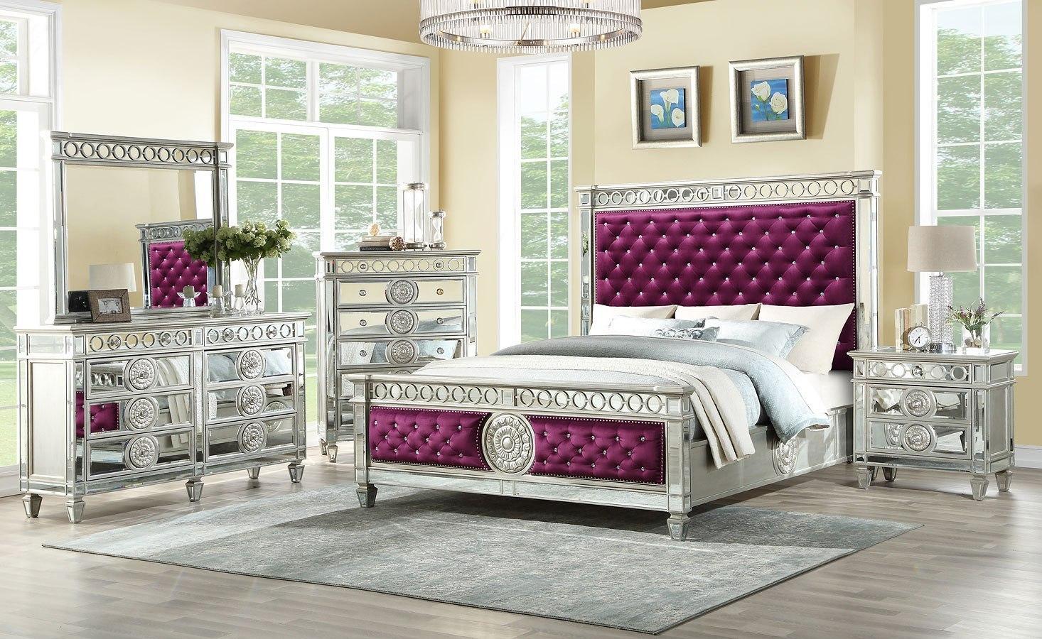 

    
Contemporary Burgundy Velvet & Mirrored Eastern King Bedroom Set by Acme Varian 27367EK-5pcs
