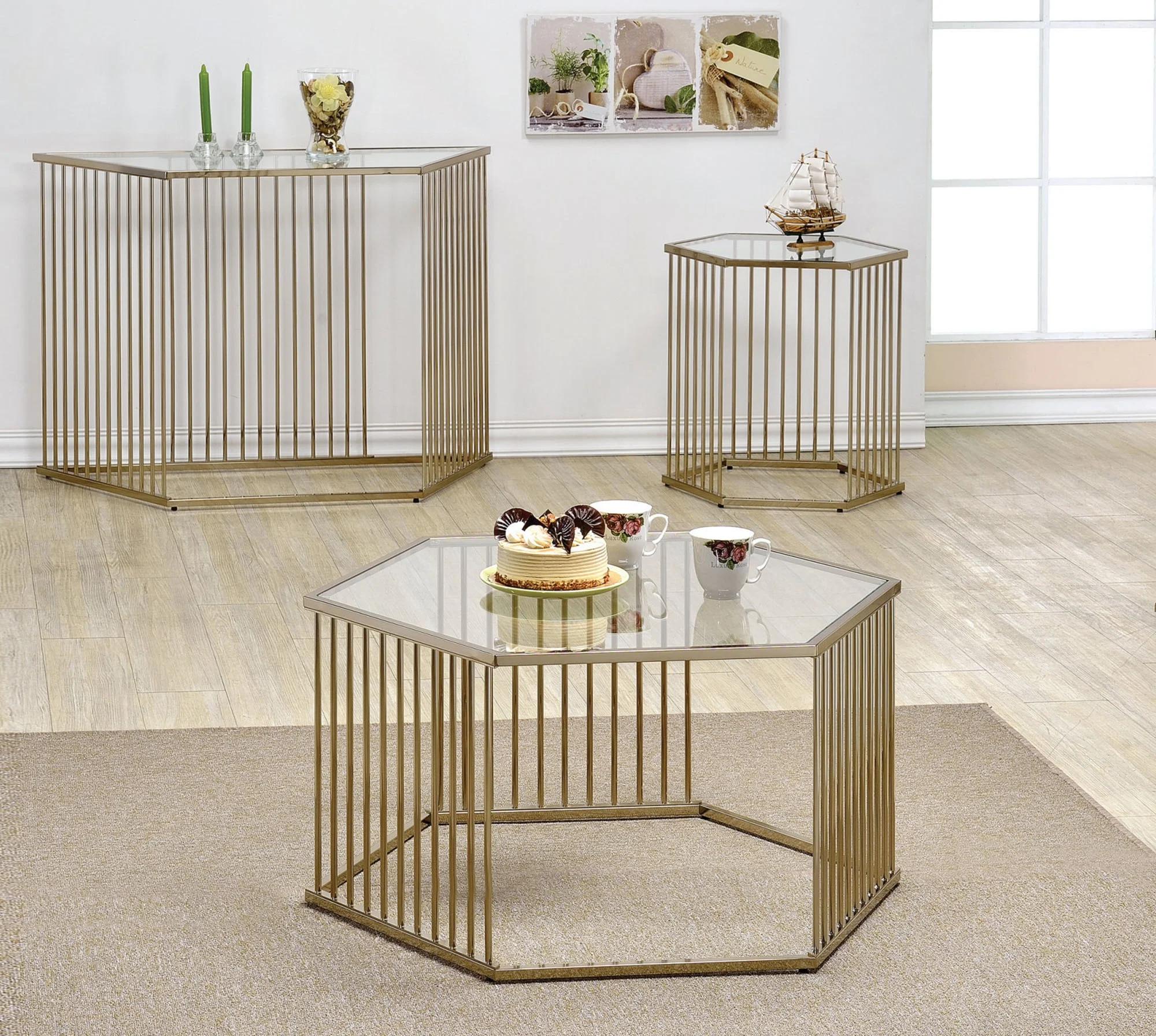 

    
Contemporary Champagne & Clear Glass Coffee Table + End Table + Sofa Table by Acme Oaklie 81240-3pcs
