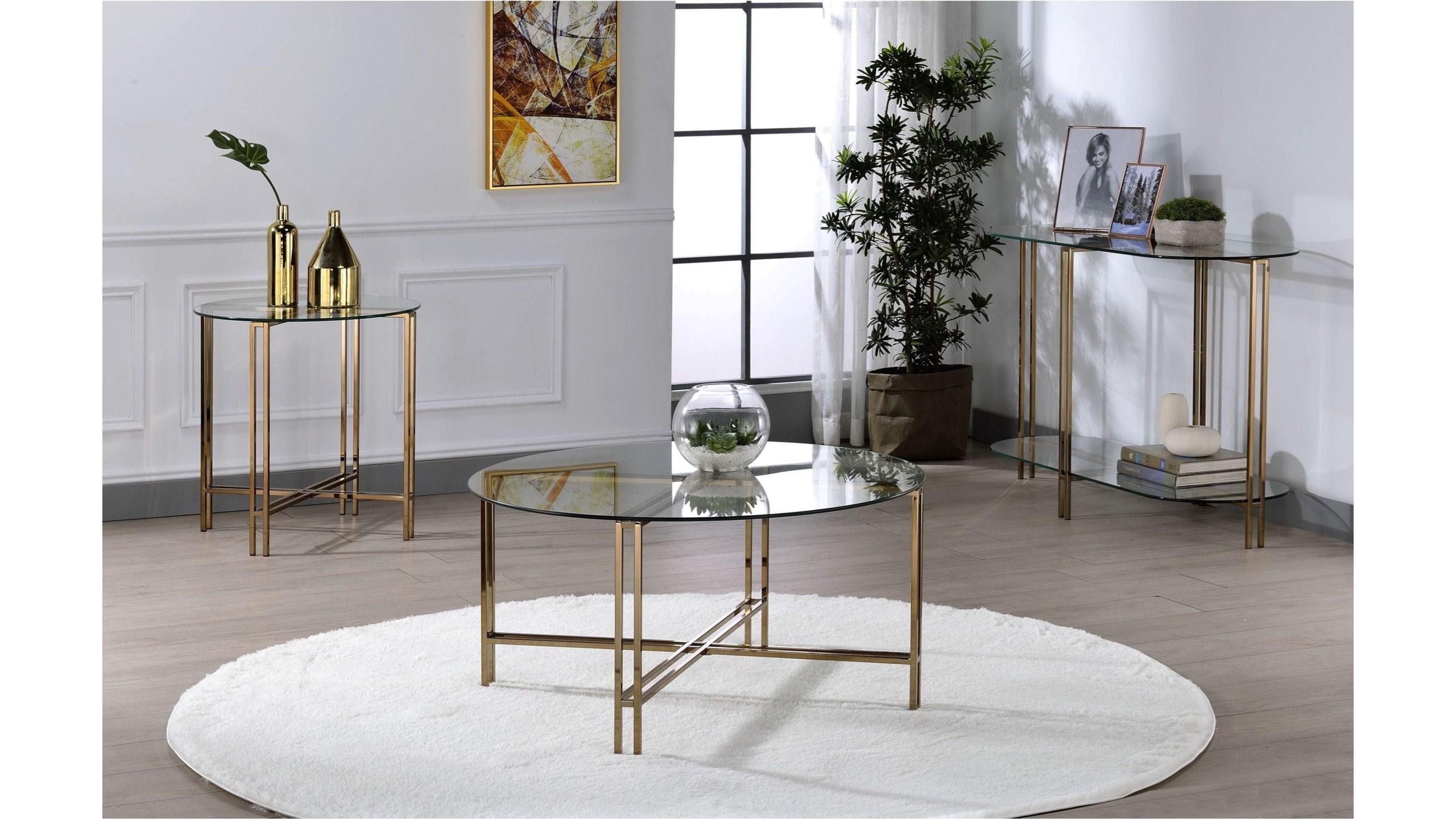 

    
Contemporary Champagne Coffee Table + End Table + Sofa Table by Acme Veises 82995-3pcs
