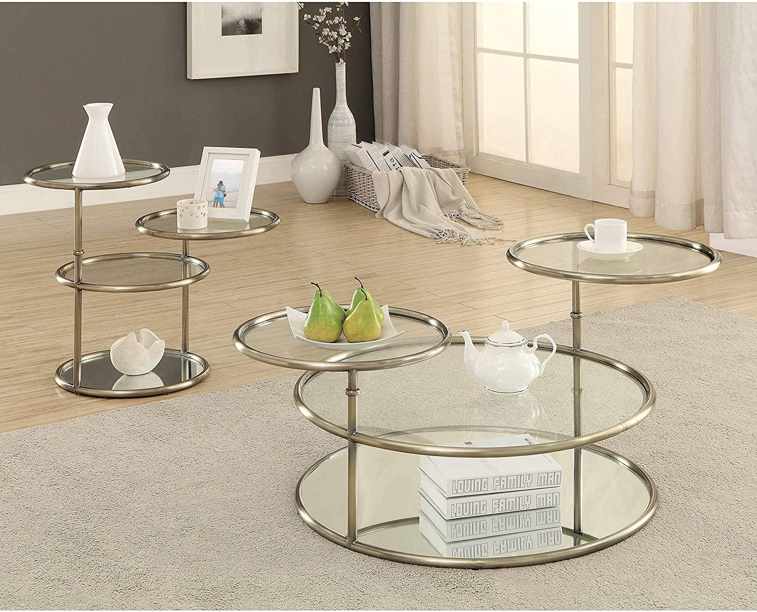 

    
Contemporary Champagne Tempered Glass Coffee Table Set 3pcs Furniture of America Athlone

