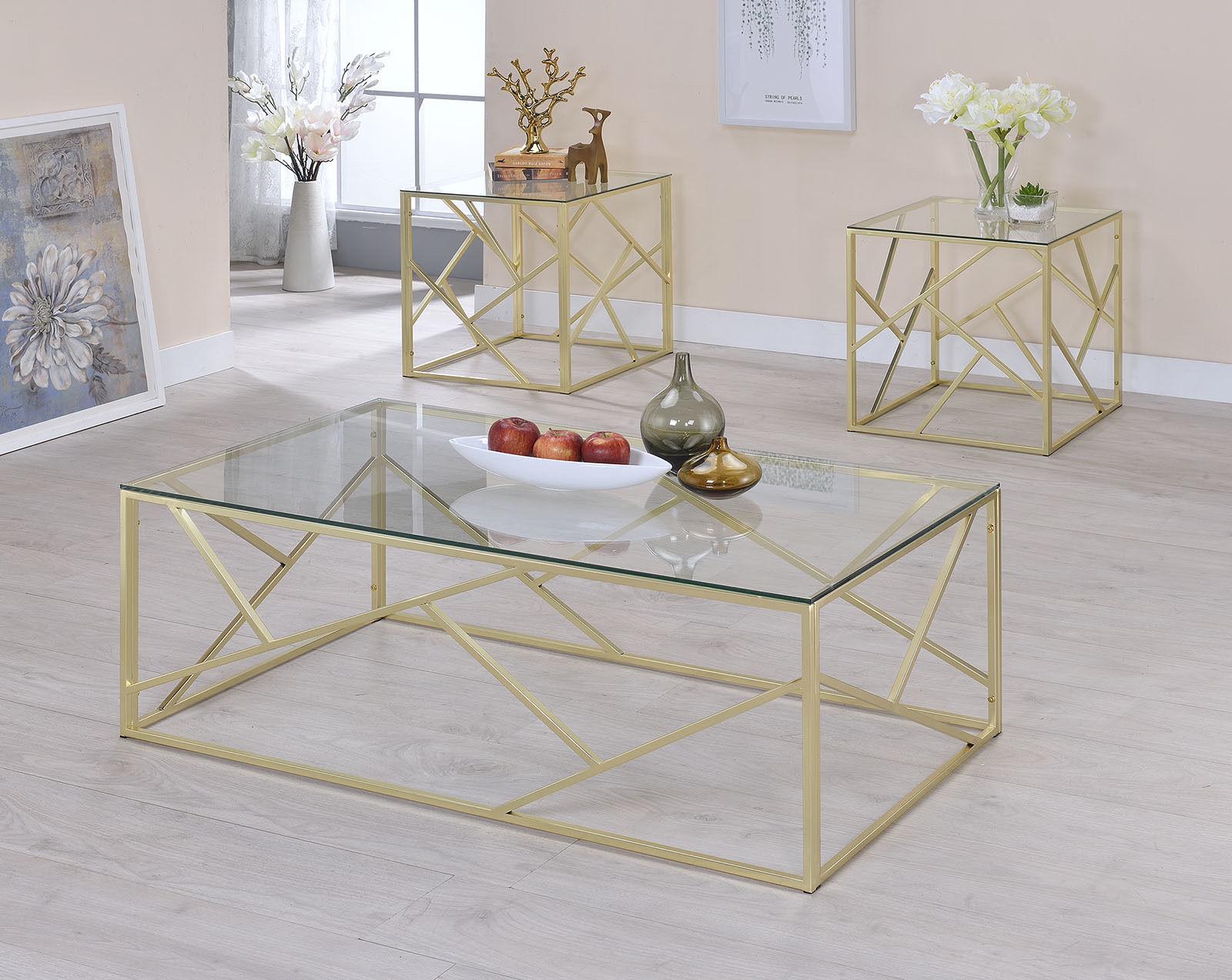 

    
Contemporary Champagne Tempered Glass Coffee Table Set 3pcs Furniture of America CM4017CPN-3PK Pamplona
