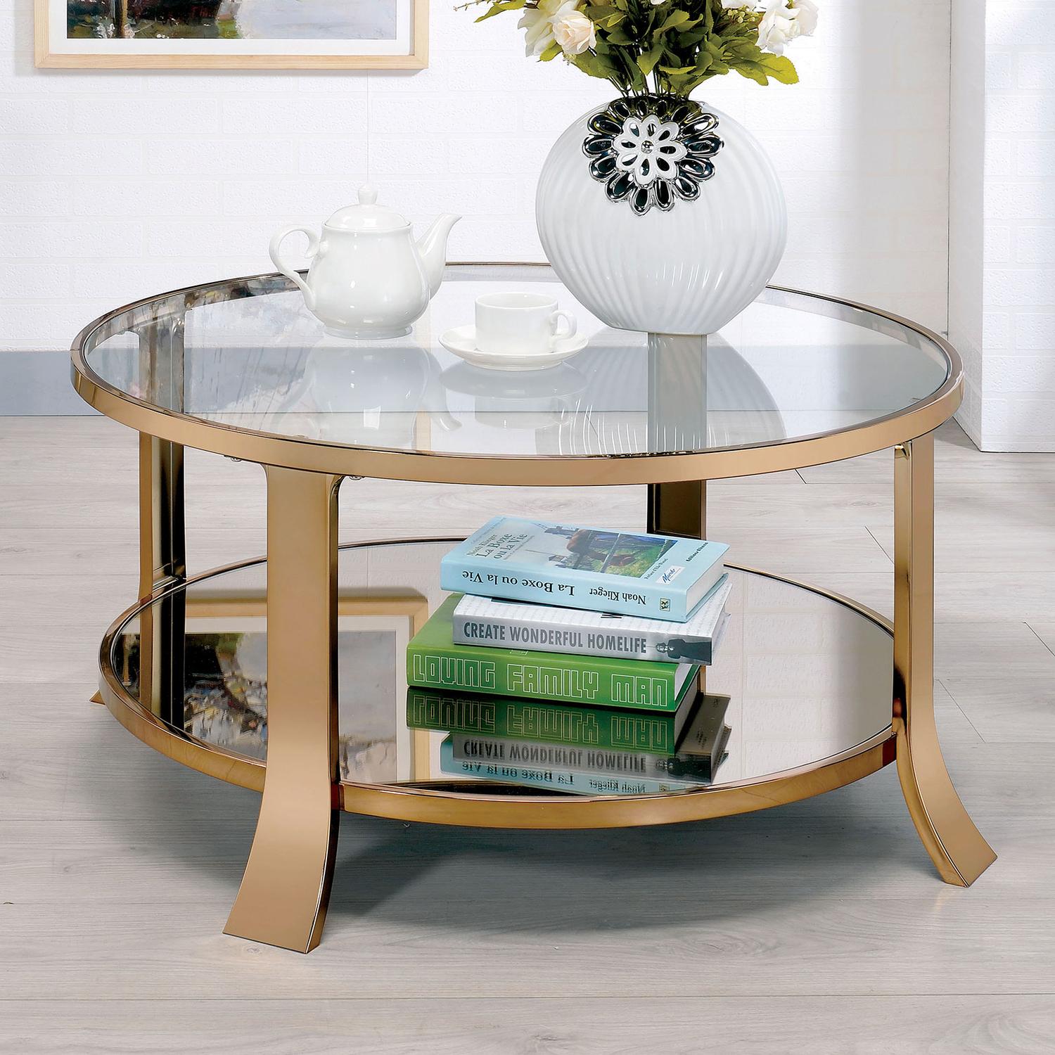 

    
Contemporary Champagne Tempered Glass Coffee Table Set 3pcs Furniture of America Rikki
