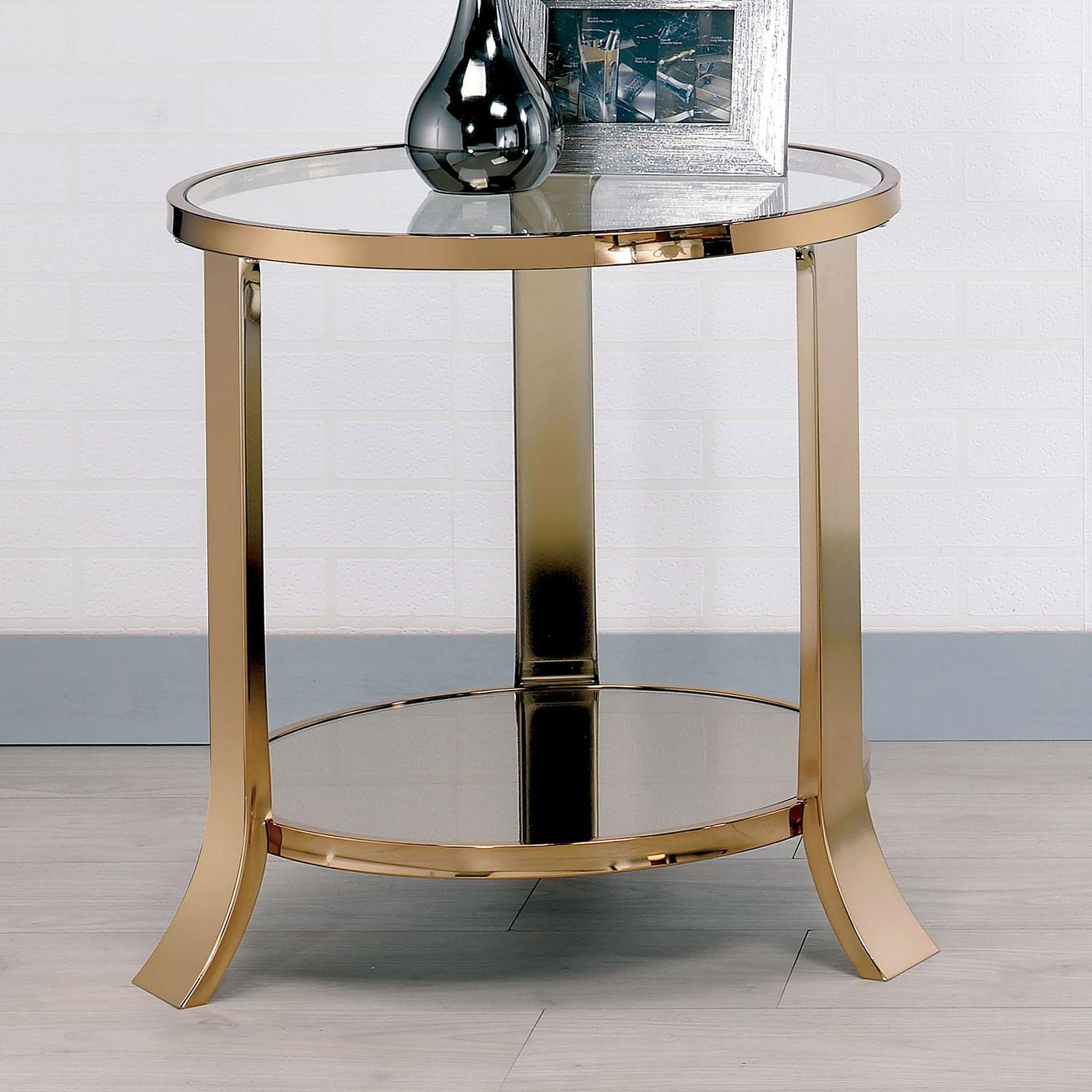 

    
Contemporary Champagne Tempered Glass End Table Set 2pcs Furniture of America Rikki
