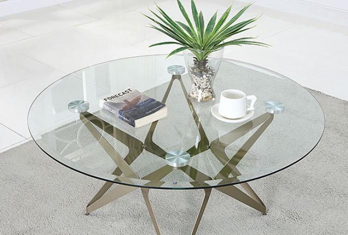

    
Contemporary Champagne Tempered Glass Top Coffee Table Furniture of America CM4377C Alvise
