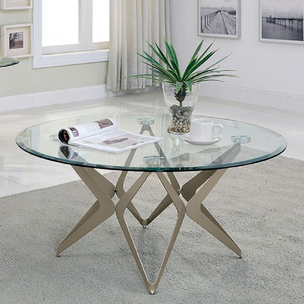 

    
Contemporary Champagne Tempered Glass Top Coffee Table Set 3pcs Furniture of America Alvise
