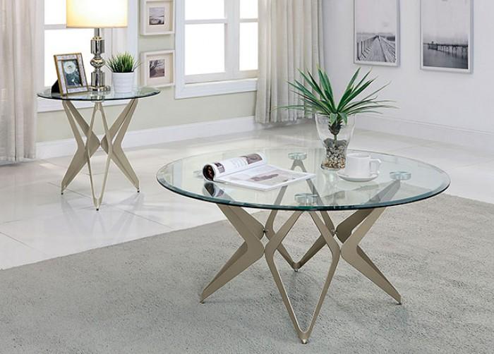 

    
Contemporary Champagne Tempered Glass Top End Table Set 2pcs Furniture of America Alvise
