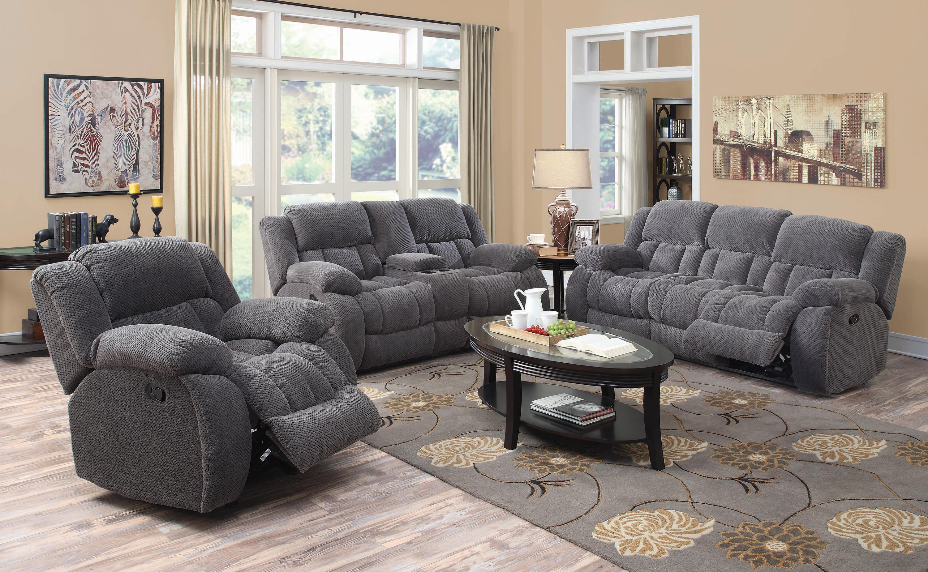 

    
Contemporary Charcoal Padded Fleece Living Room Set 3pcs Coaster 601921-S3 Weissman

