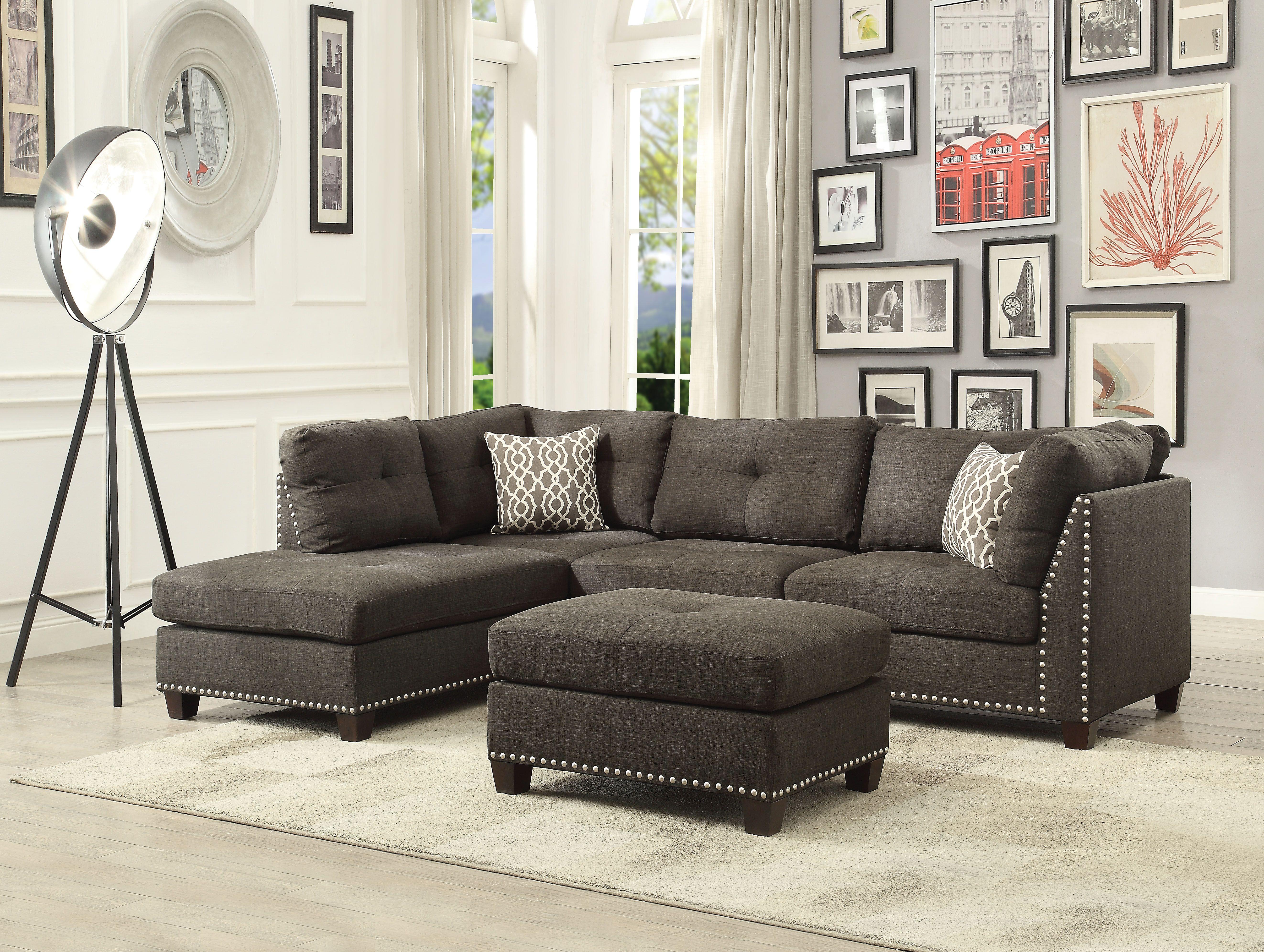 Contemporary, Classic, Simple Sectional Sofa and Ottoman Laurissa 54375-3pcs in Charcoal Linen