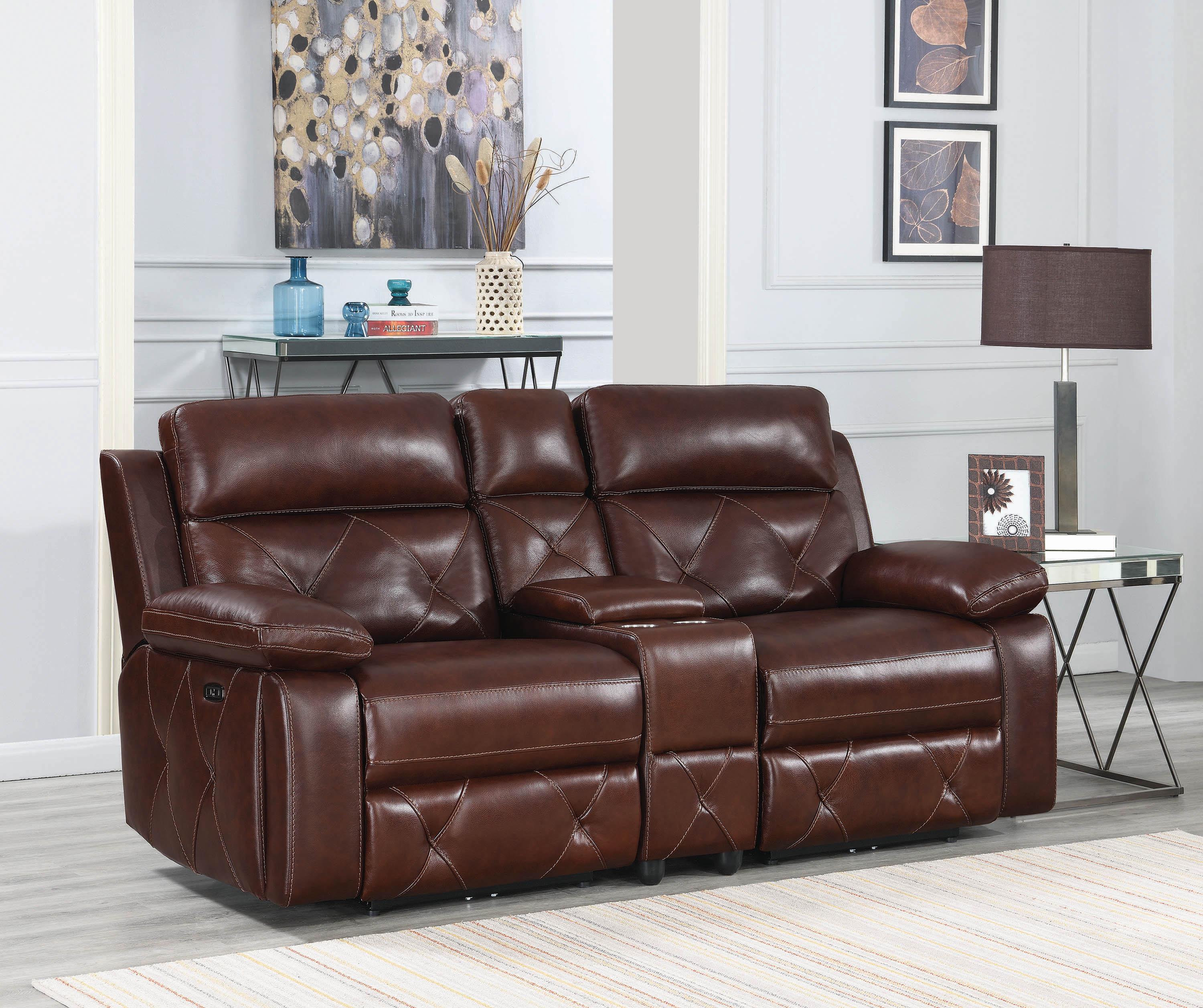 

    
Contemporary Chocolate Leather 3-piece Power Reclining Loveseat Coaster 603442PP Chester
