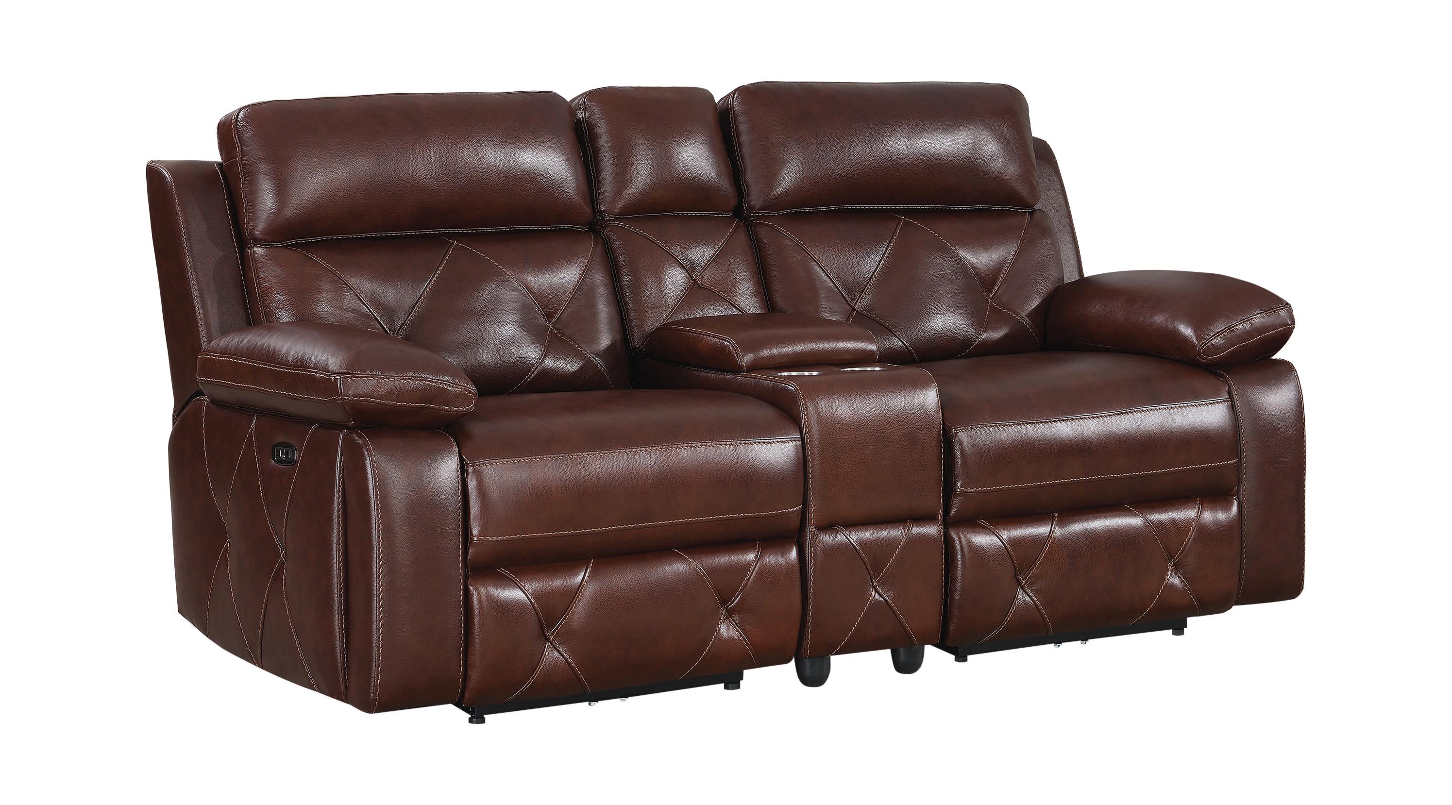

    
Contemporary Chocolate Leather 3-piece Power Reclining Loveseat Coaster 603442PP Chester
