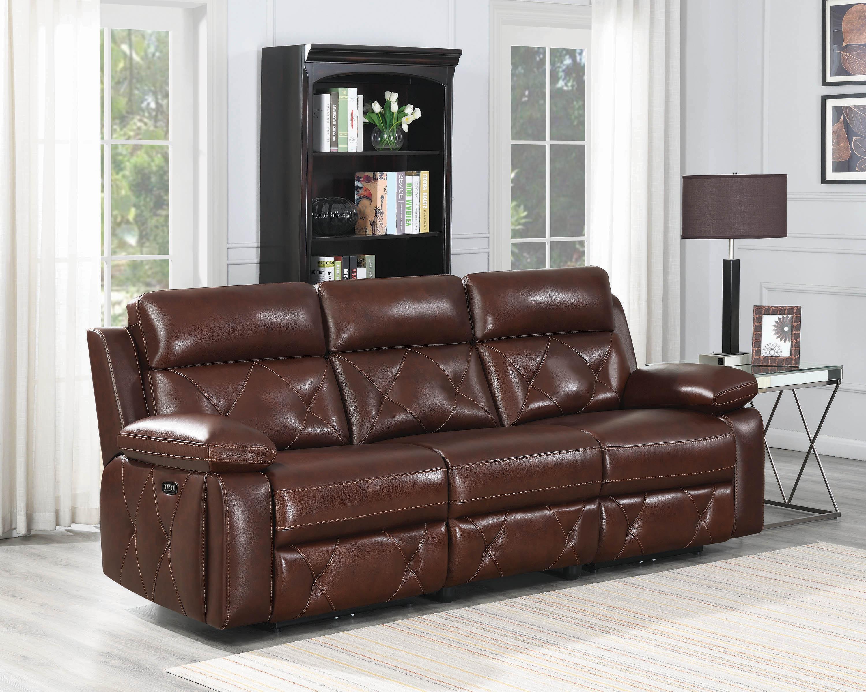 

    
Contemporary Chocolate Leather 3-piece Power Reclining Sofa Coaster 603441PP Chester
