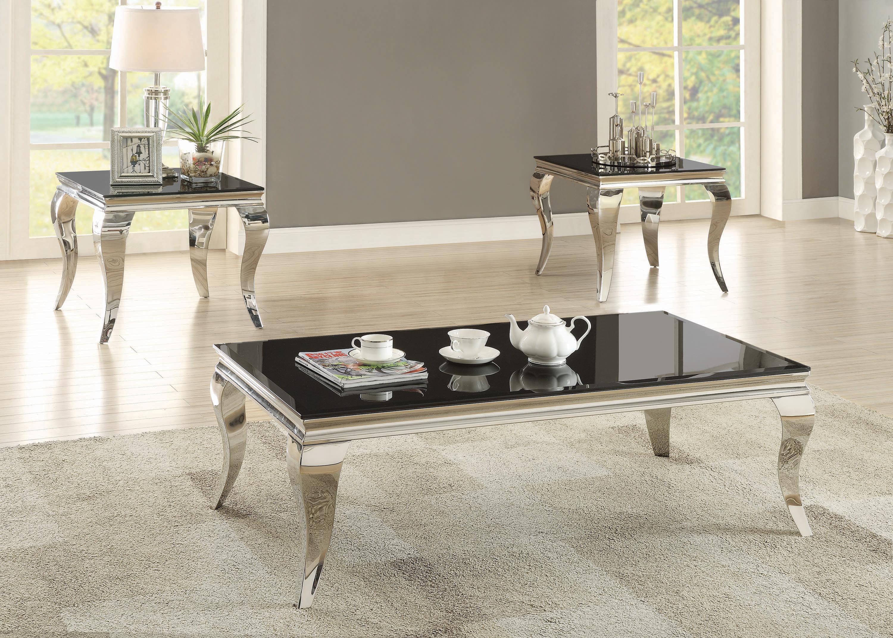 

    
Contemporary Chrome & Black Beveled Glass Coffee Table Set 3pcs Coaster 705018-S3
