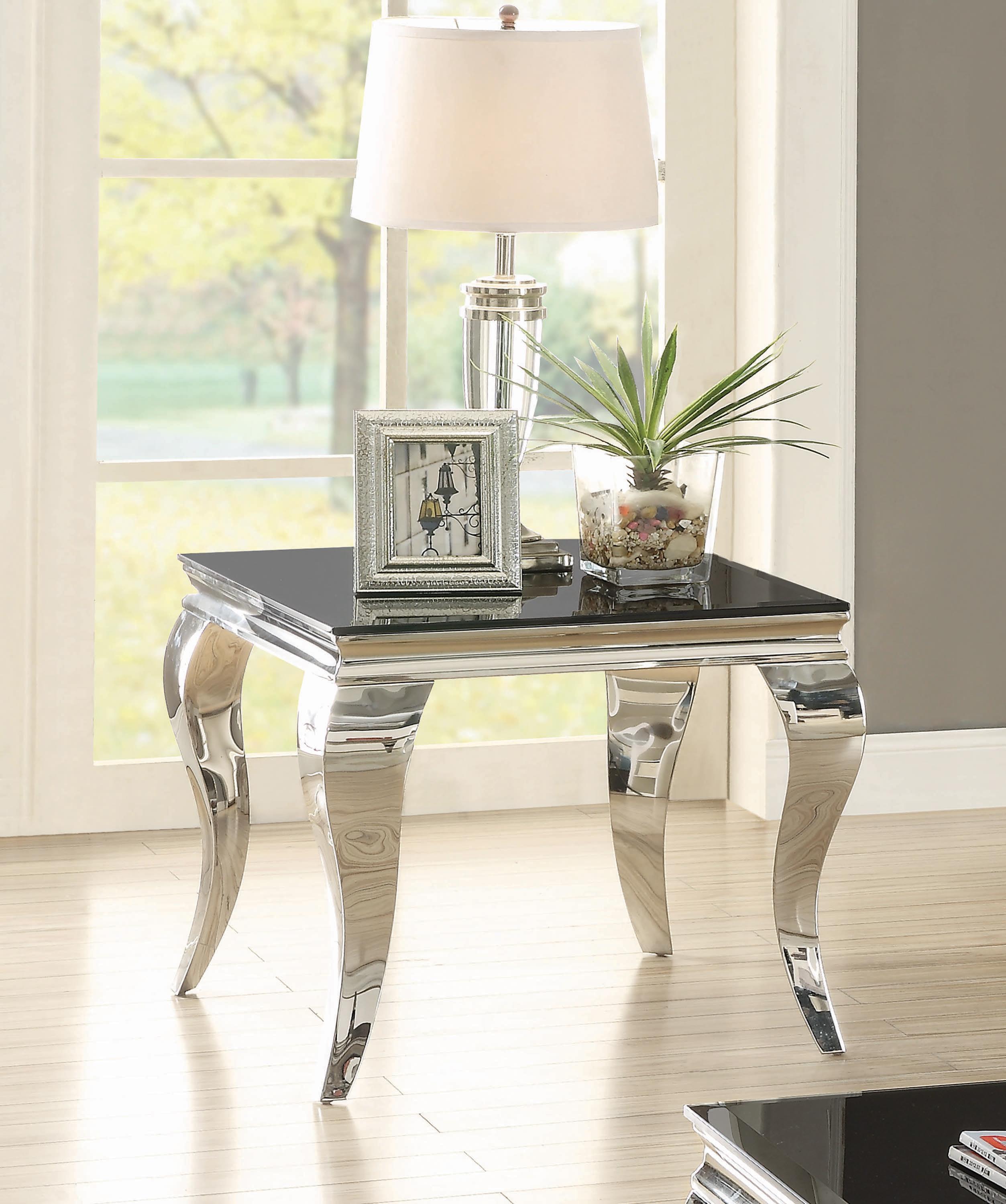 

    
Contemporary Chrome & Black Beveled Glass End Table Coaster 705017
