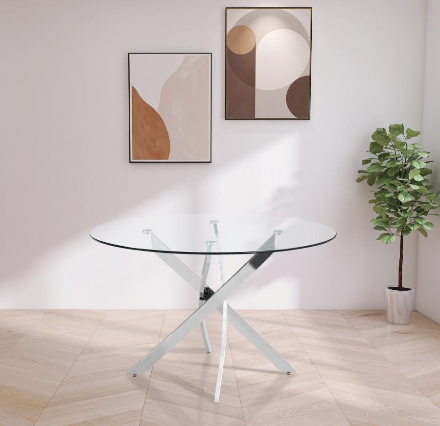 

    
Contemporary Chrome Metal/Glass Round Dining Table Meridian Furniture Xander 985-T-RT
