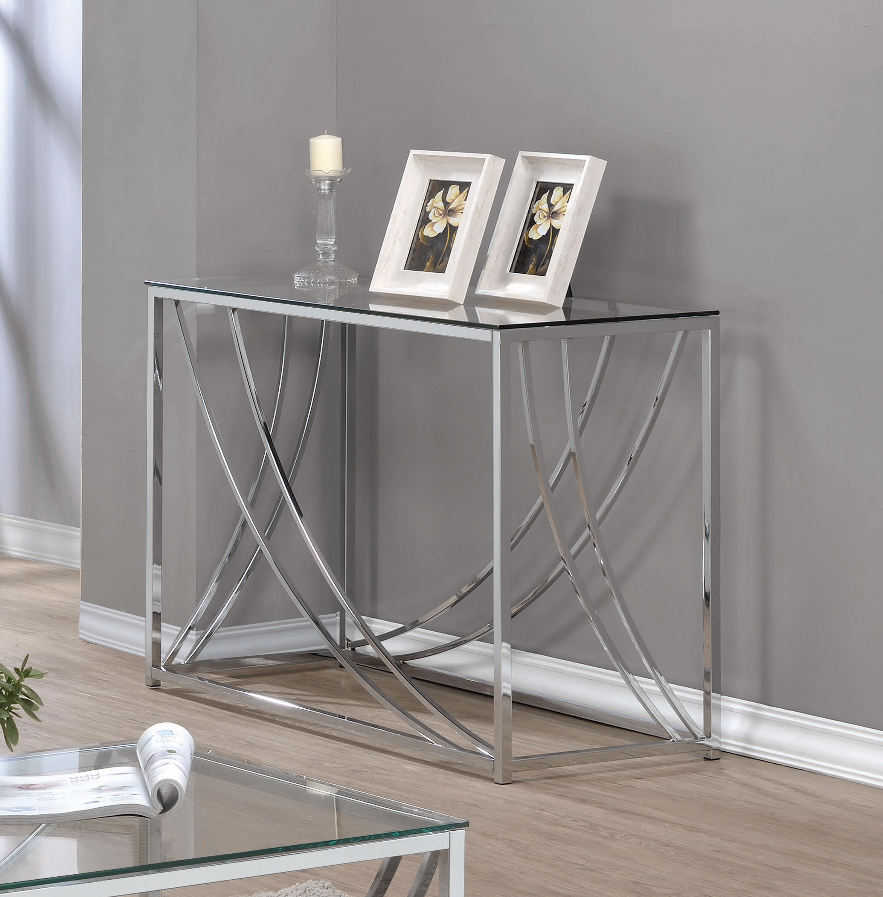

    
Contemporary Chrome Metal & Glass Top Sofa Table Coaster 720499
