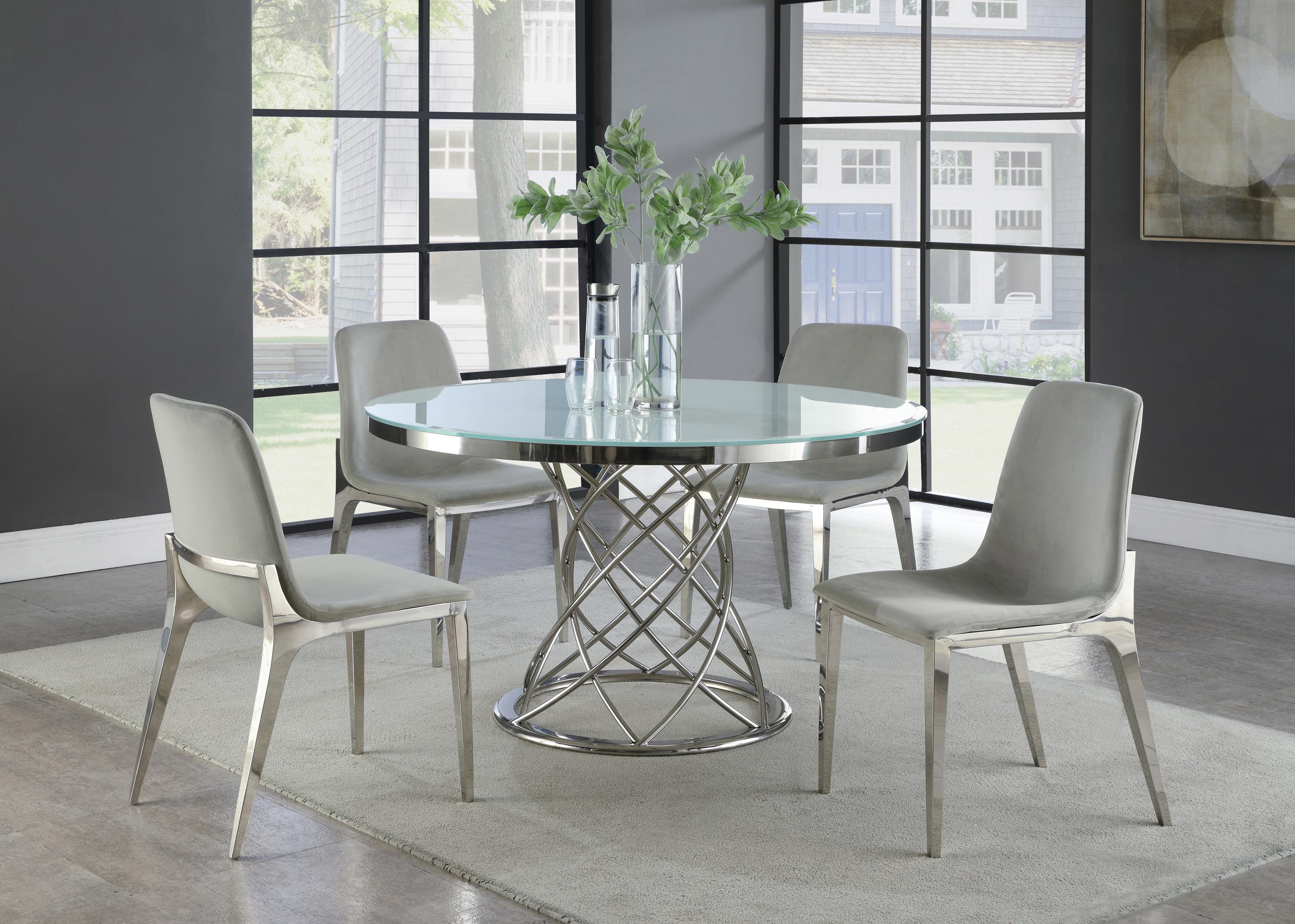 

    
Contemporary Chrome Stainless Steel Dining Room Set 5pcs Coaster 110401-S5 Irene
