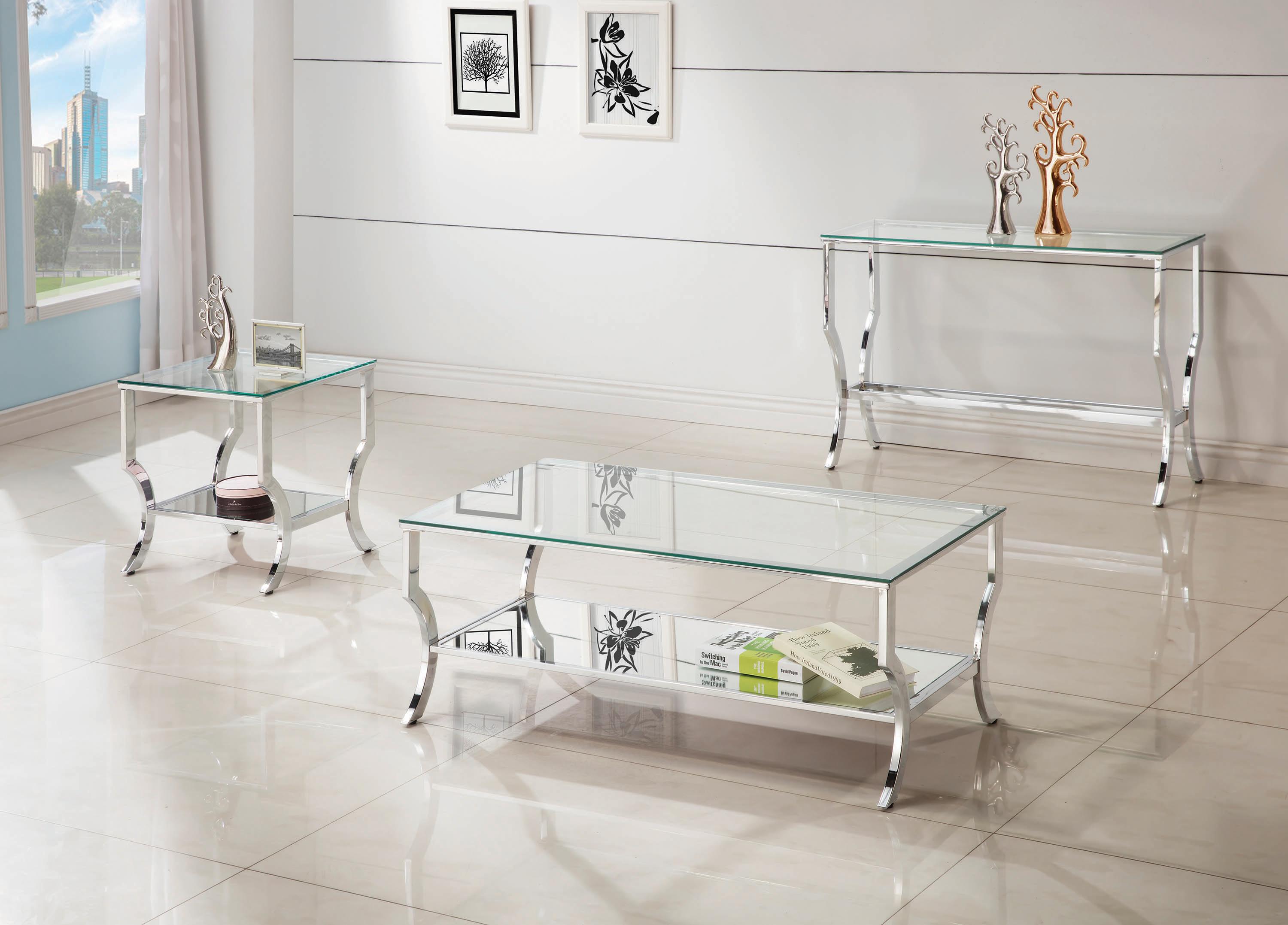 

    
Contemporary Chrome Tempered Glass Coffee Table Set 3pcs Coaster 720338-S3
