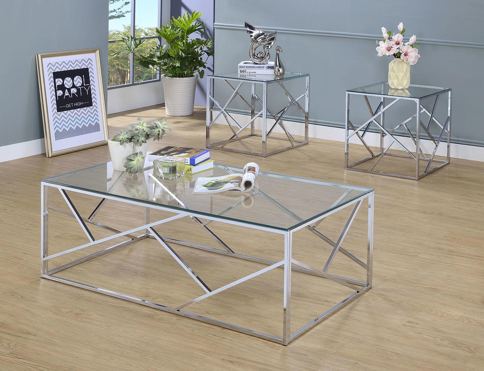 

    
Contemporary Chrome Tempered Glass Coffee Table Set 3pcs Furniture of America CM4017CRM-3PK Pamplona
