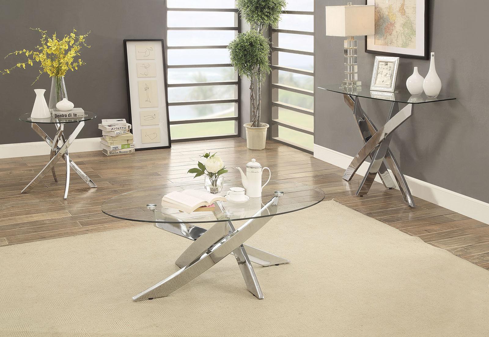 Contemporary Coffee Table and 2 End Tables CM4241C-3PC Laila CM4241C-3PC in Chrome 