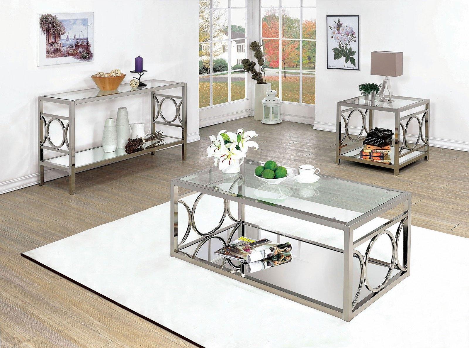 

    
Contemporary Chrome Tempered Glass Coffee Table Set 3pcs w/Sofa Table Furniture of America Rylee
