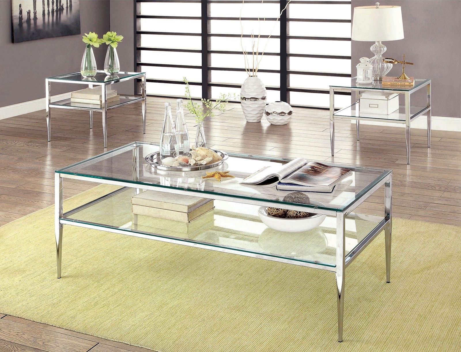 

    
Contemporary Chrome Tempered Glass Coffee Table Set 3pcs Furniture of America Tanika
