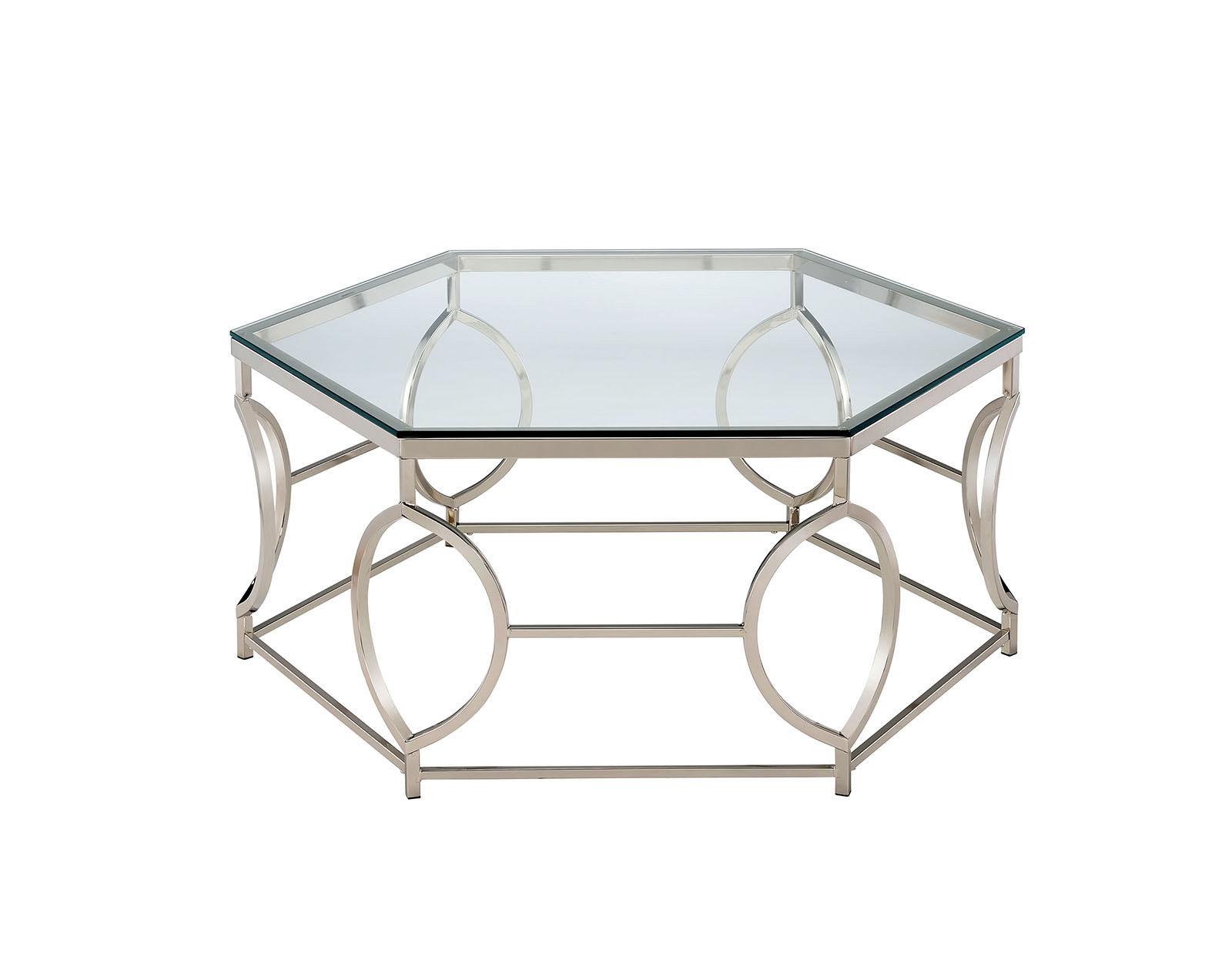 

    
Contemporary Chrome Tempered Glass Coffee Table Set 3pcs Furniture of America Zola
