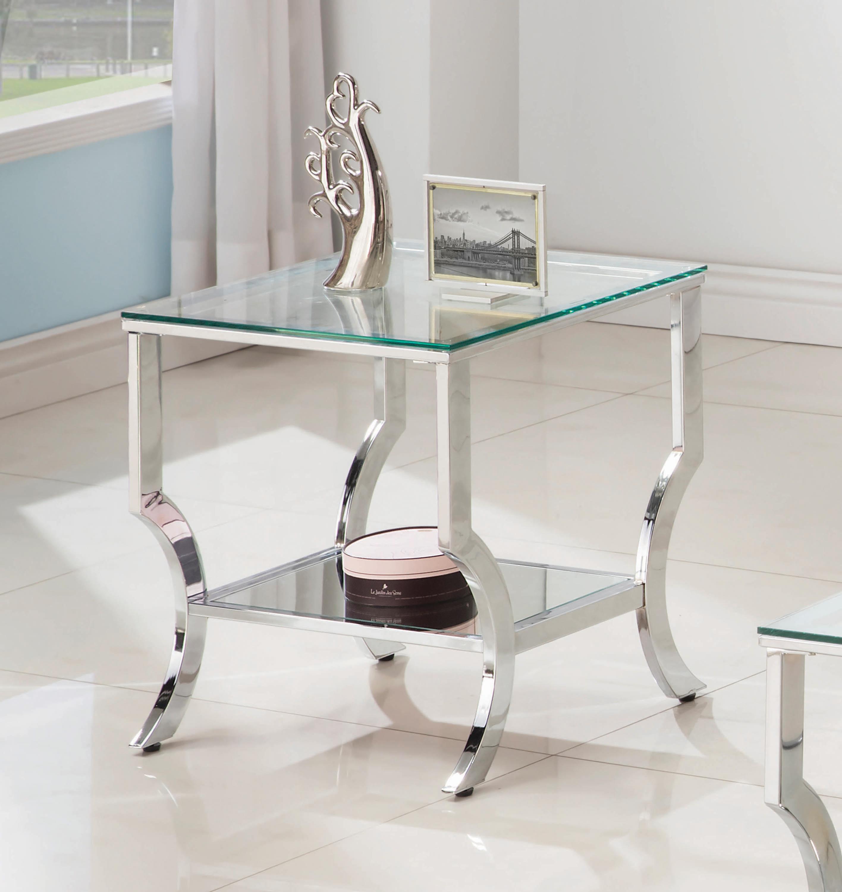 

    
Contemporary Chrome Tempered Glass End Table Coaster 720337
