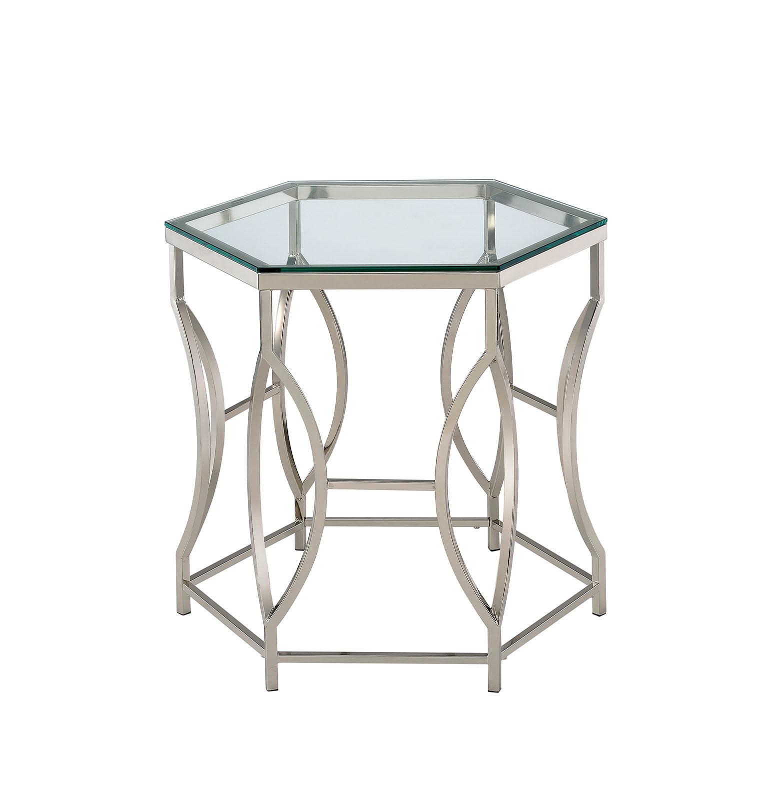 

    
Contemporary Chrome Tempered Glass End Table Furniture of America CM4160E Zola
