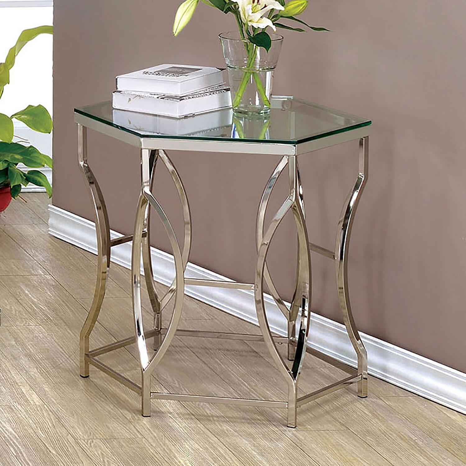 

    
Contemporary Chrome Tempered Glass End Table Furniture of America CM4160E Zola
