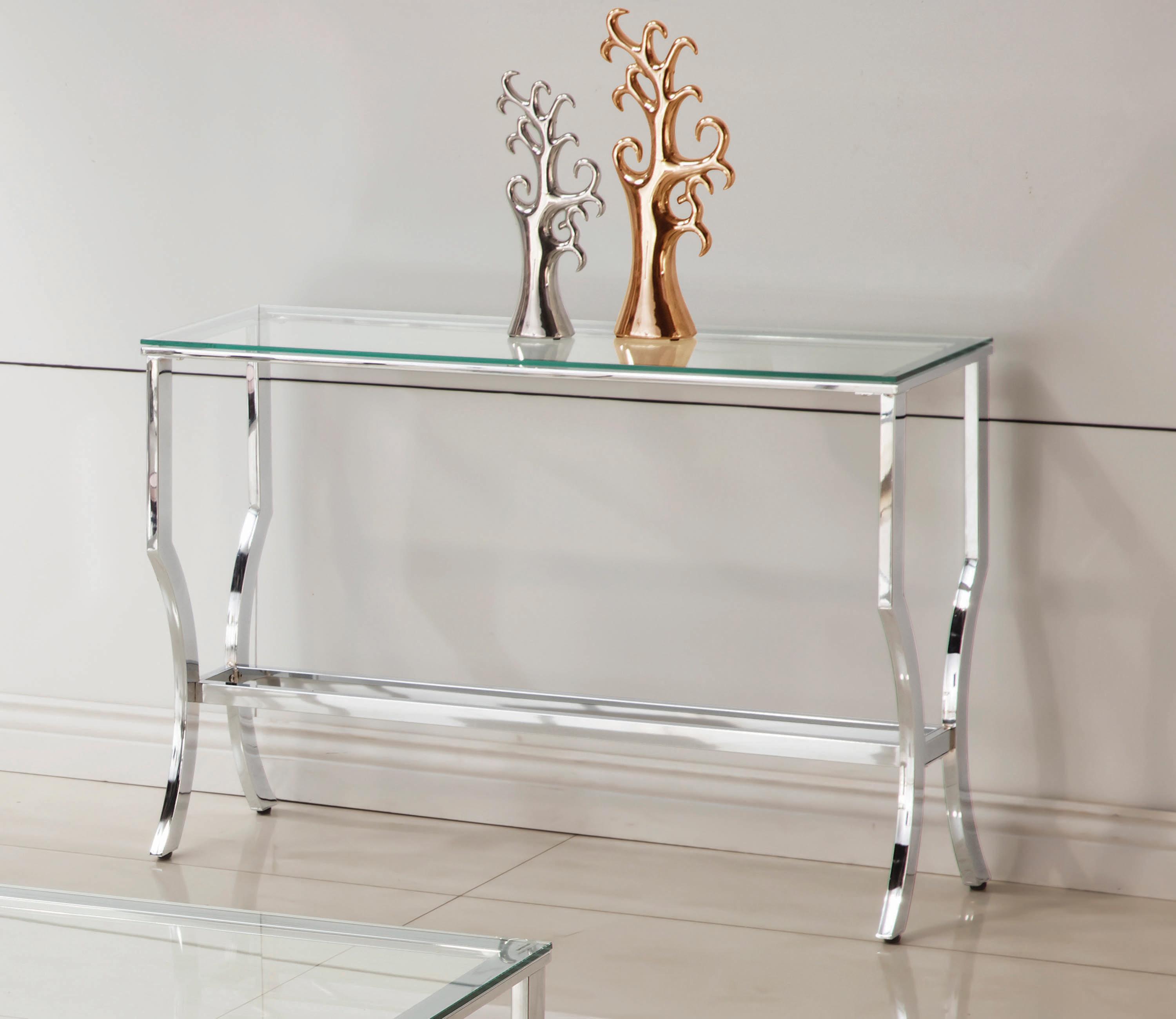 

    
Contemporary Chrome Tempered Glass Sofa Table Coaster 720339
