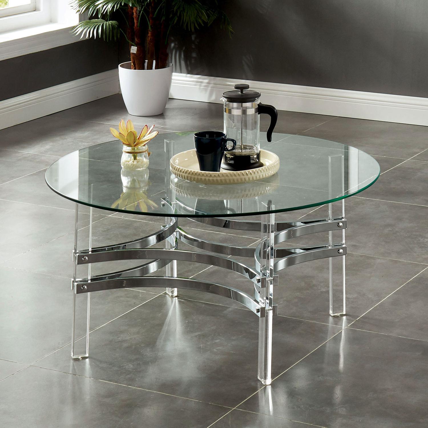 

    
Contemporary Chrome Tempered Glass Top Coffee Table Furniture of America CM4350C Tirso
