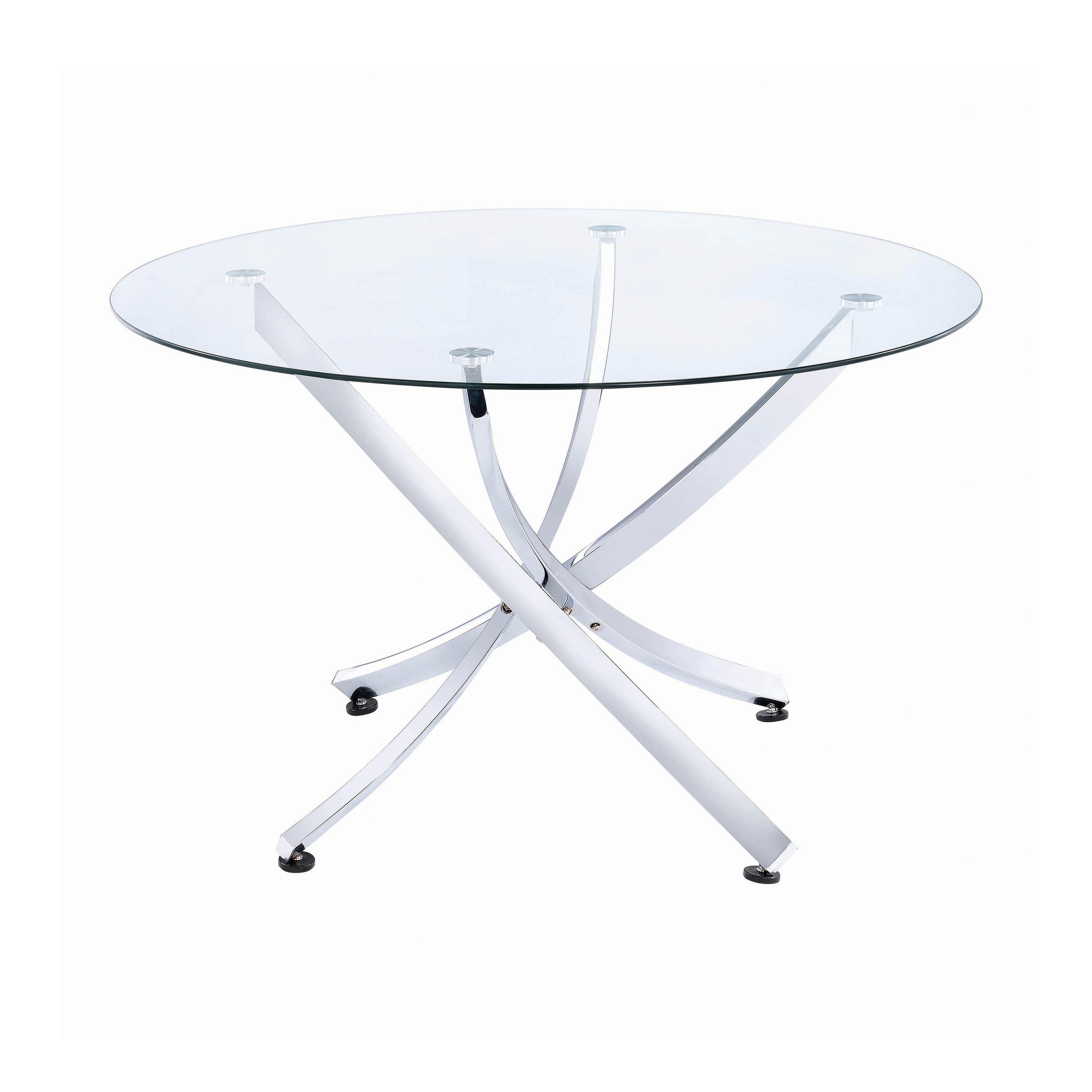 

    
Contemporary Chrome Tempered Glass Top Dining Table Coaster 106440 Beckham
