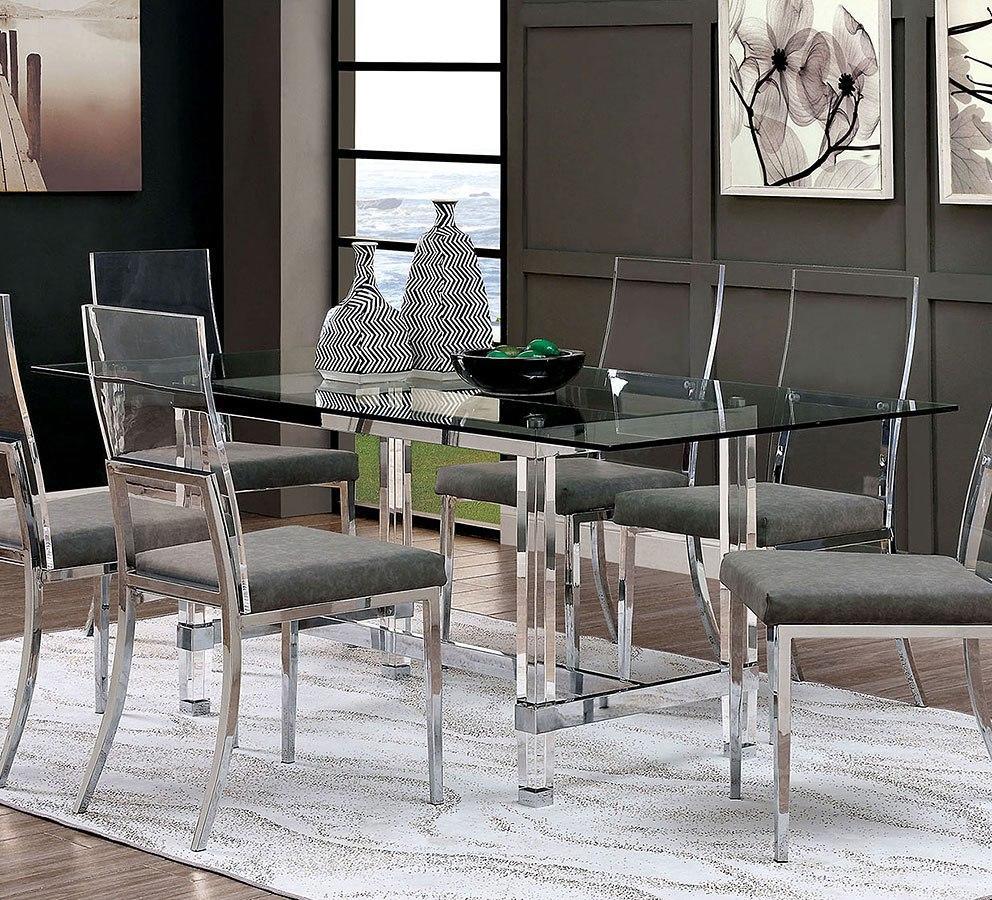 

    
Contemporary Chrome Trestle Base Dining Room Set 5pcs Furniture of America Casper
