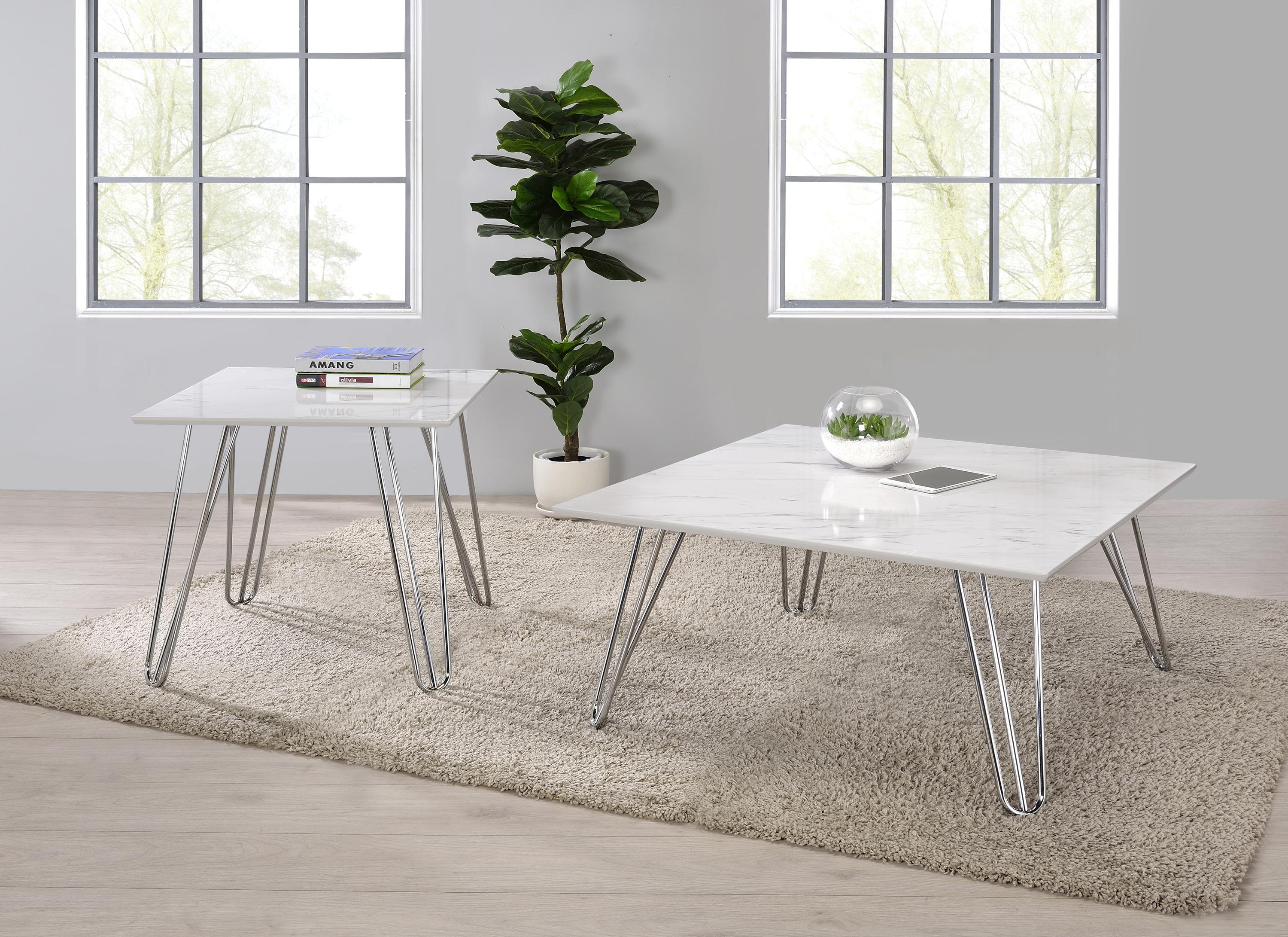 

    
Contemporary Chrome & White Faux Marble Coffee Table Set 2pcs Coaster 724288-S2

