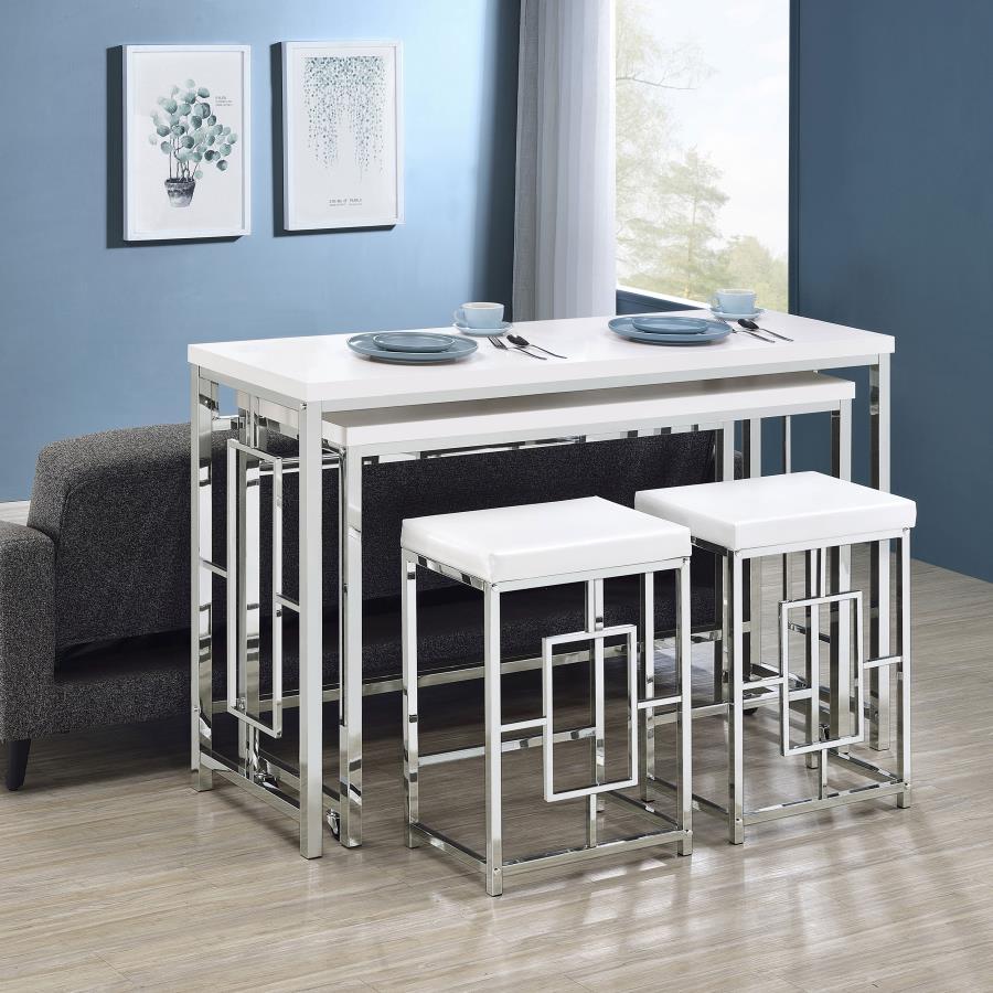 

    
Contemporary Chrome/White Metal Counter Height Dining Table Set 4PCS Coaster Jackson 182714
