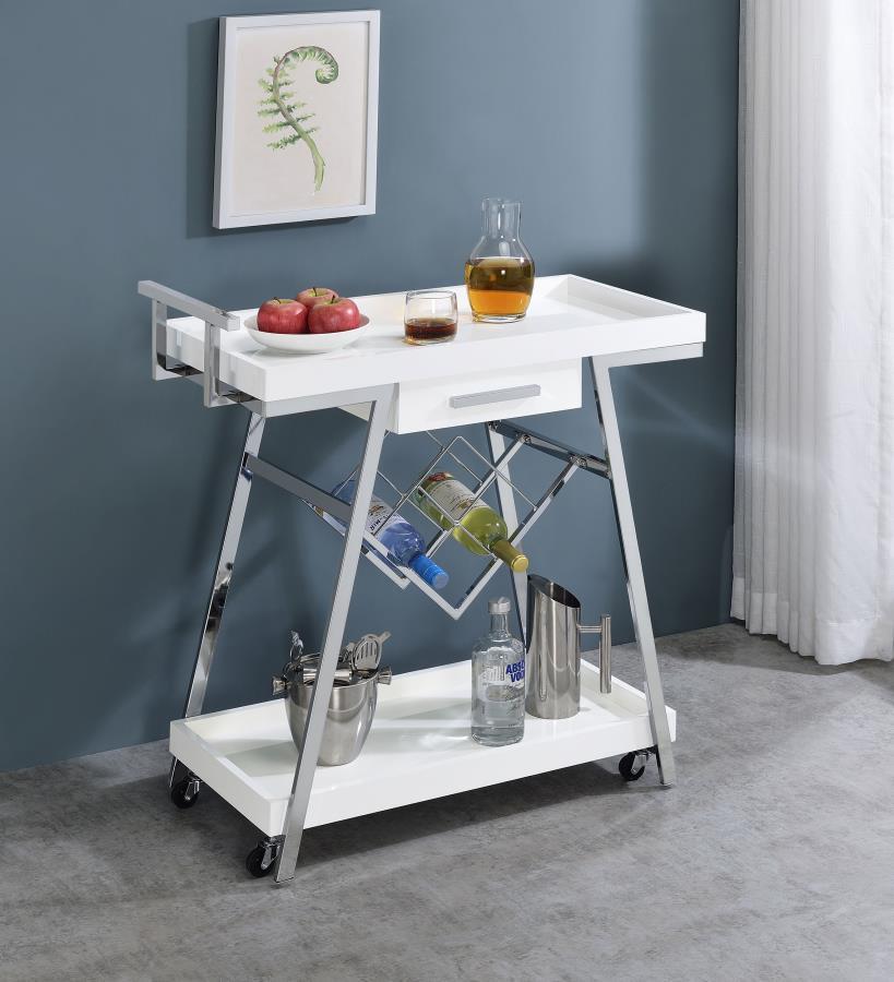 

    
Contemporary Chrome/White Wood Bar Cart Coaster Kinney 181024
