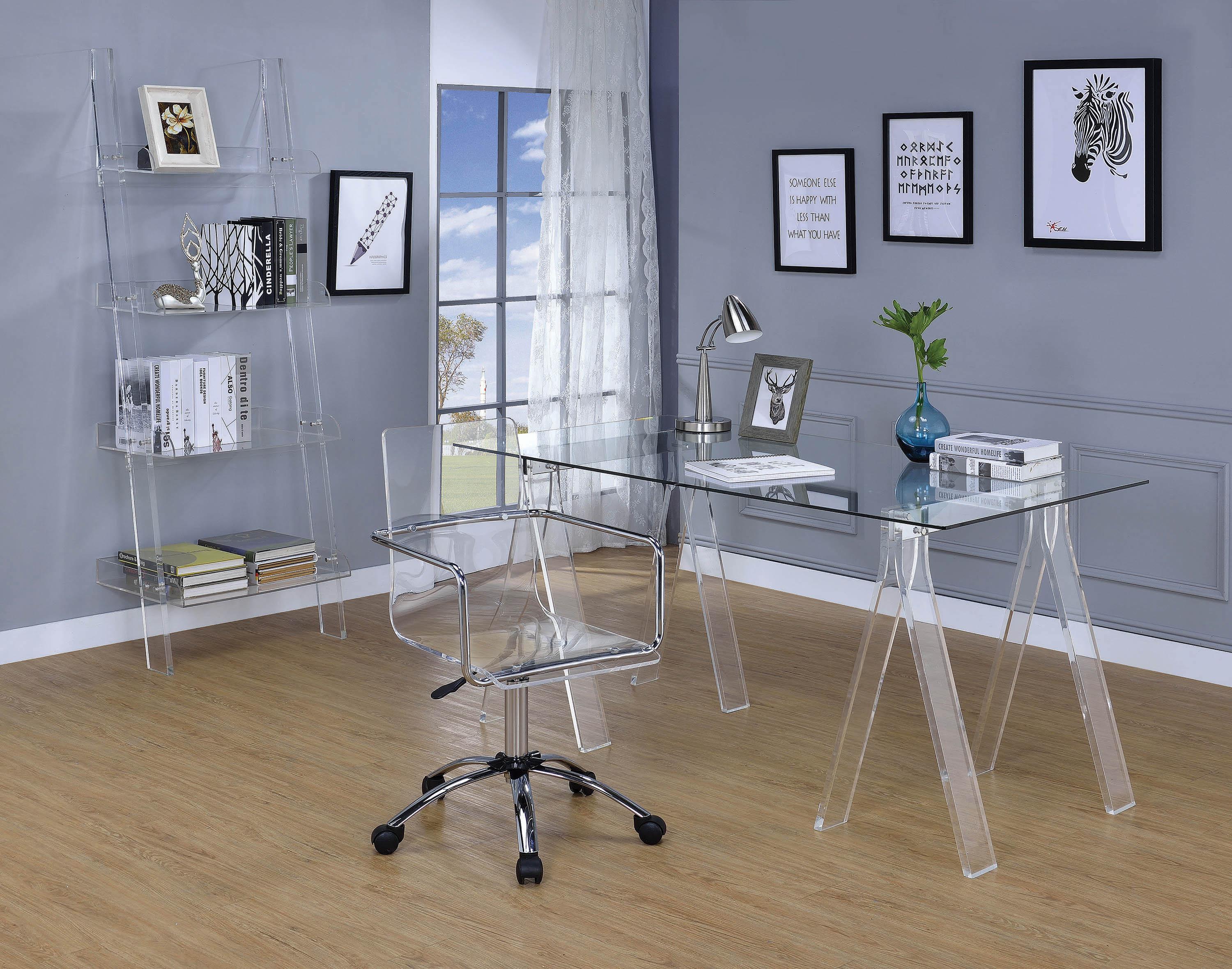 

    
Contemporary Clear Acrylic & Tempered Glass Writing Desk Set 3pcs Coaster 801535-S3 Amaturo
