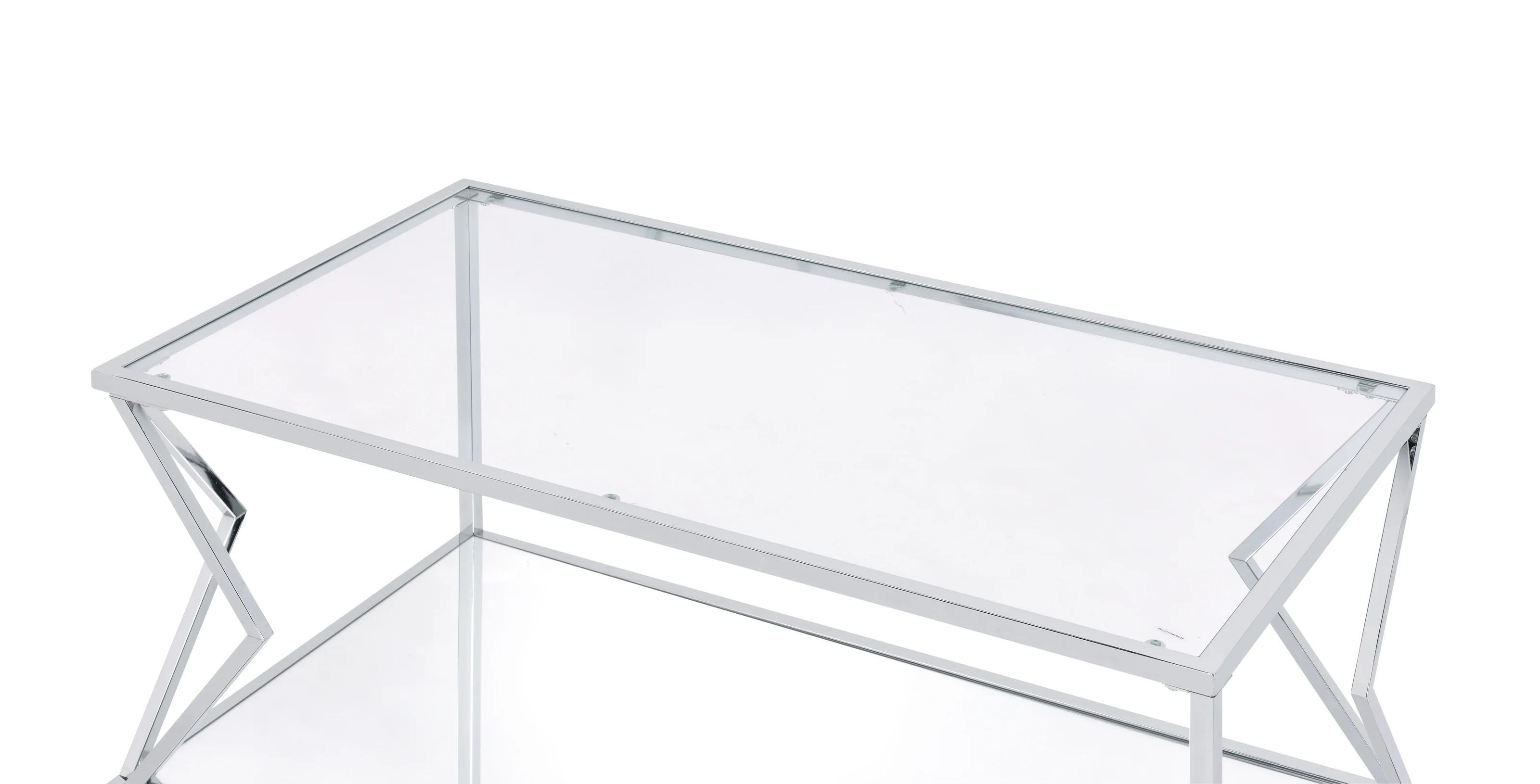 

    
Contemporary Clear Glass & Chrome Coffee Table by Acme Virtue 83480
