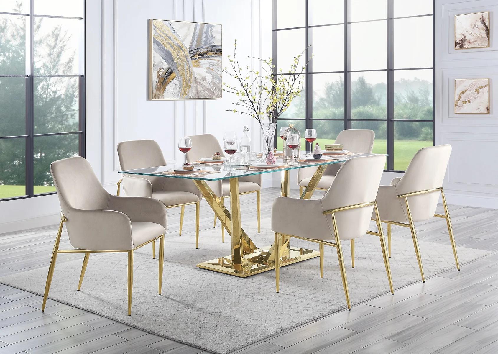 Contemporary, Modern Dining Table Set Barnard DN00219-7pcs in Gold Velvet