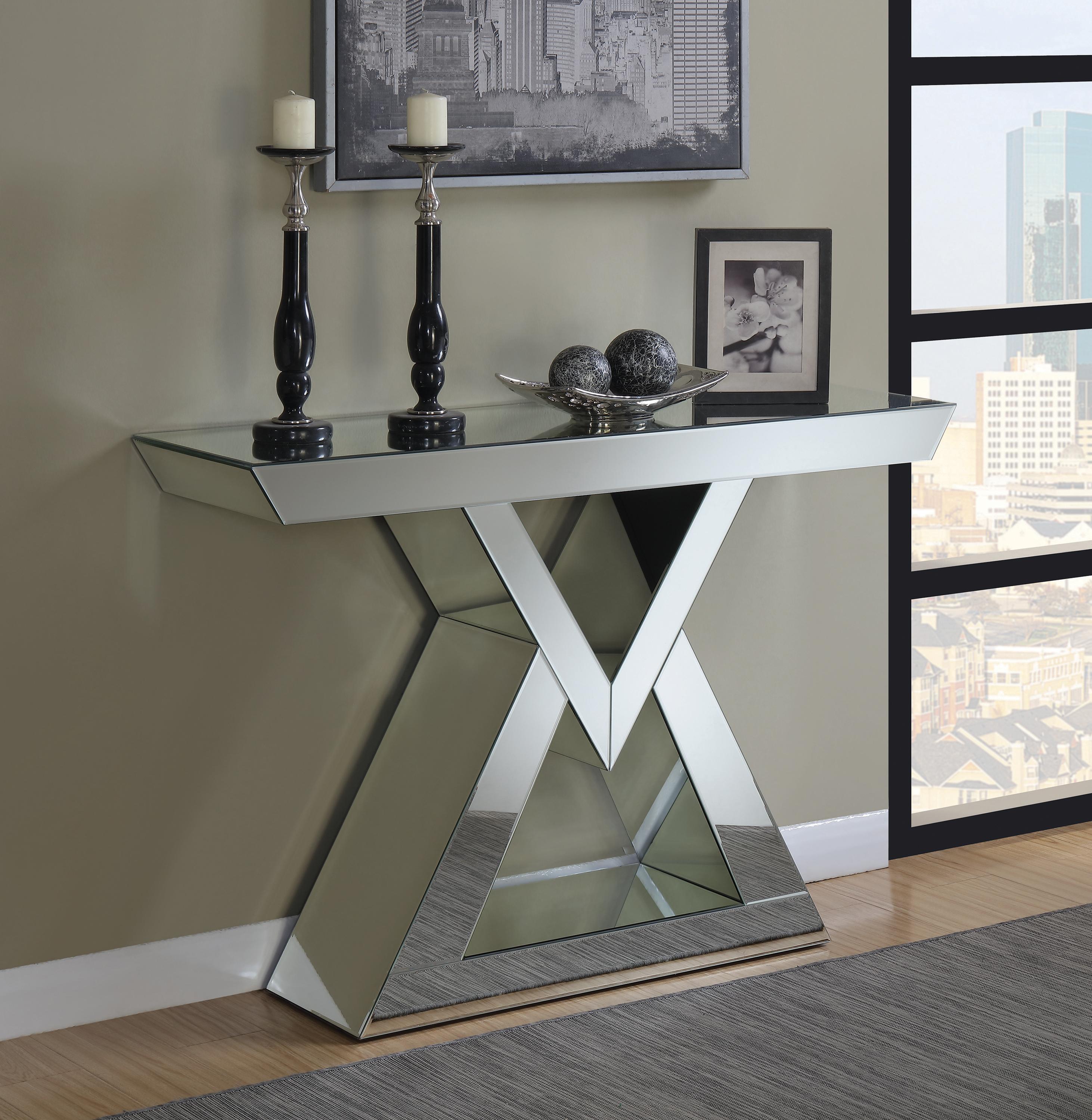 

    
Contemporary Clear Mirror Metal Console Table Coaster 930009
