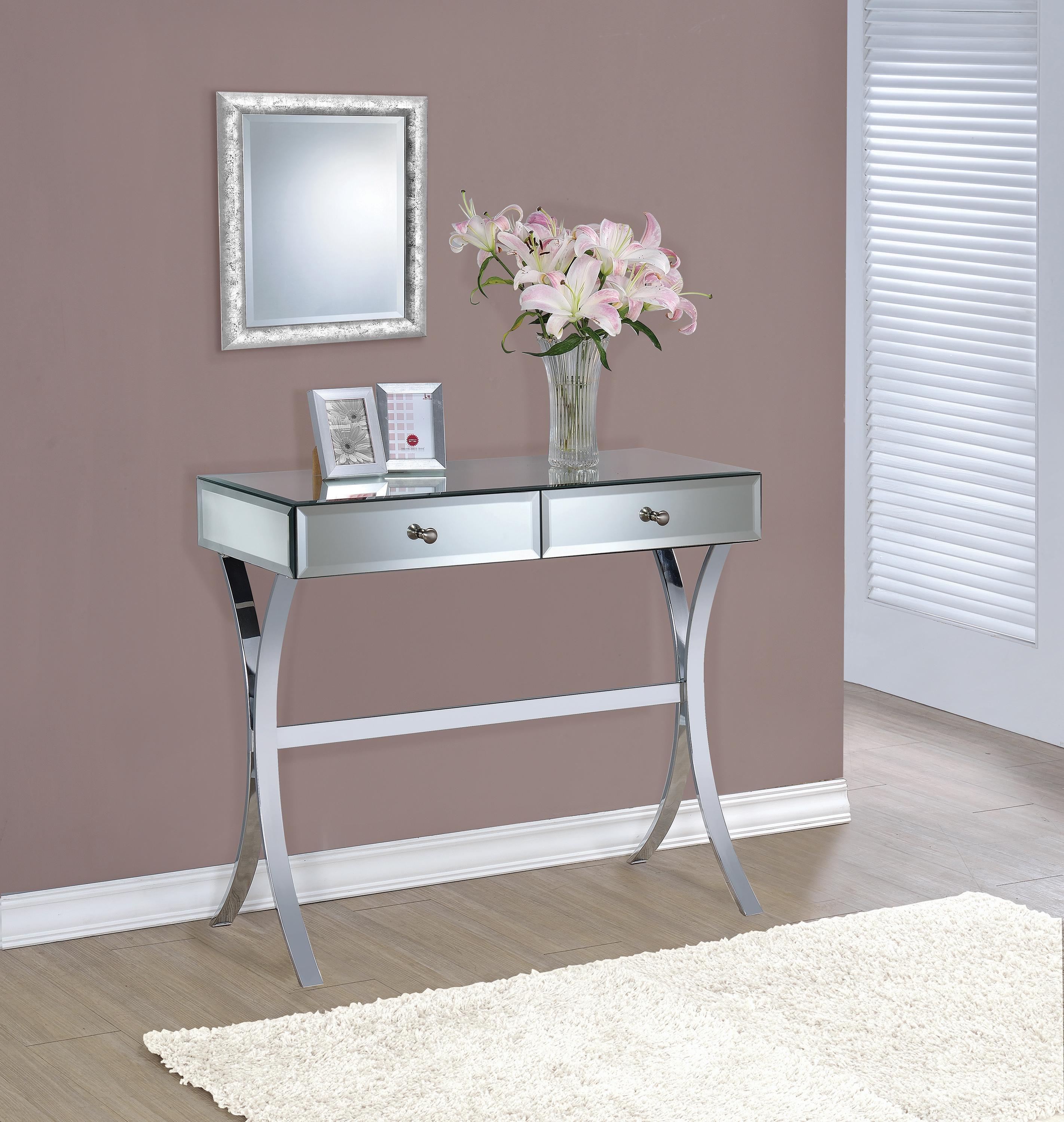 

    
Contemporary Clear Mirror Panels Console Table Coaster 950355
