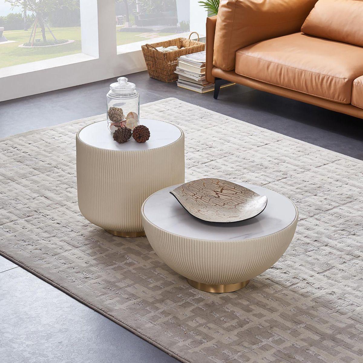 Contemporary Coffee Table and End Table Set CT-W931-CRM / ET-W931-CRM CT-W931-CRM ET-W931-CRM in Cream PU