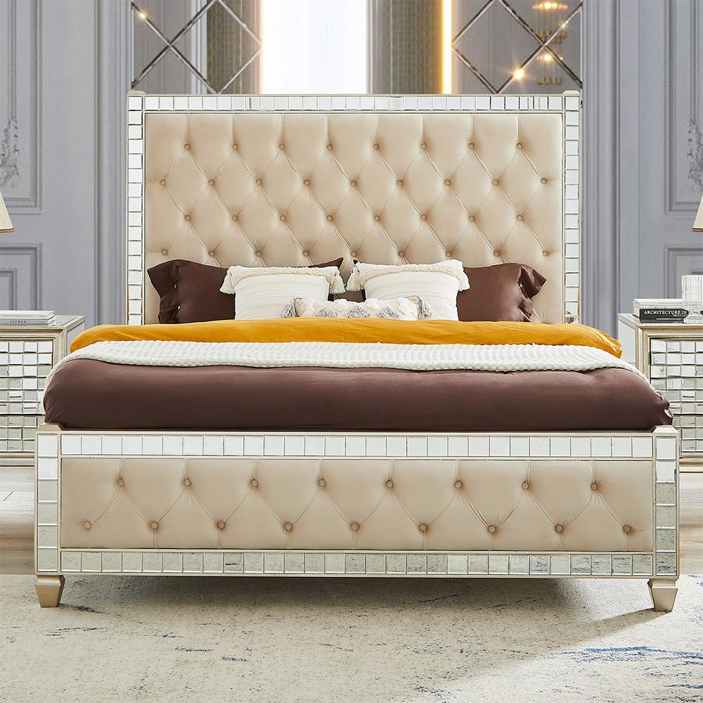 Contemporary Panel Bed HD-1090 HD-1090CK BED in Cream Leather