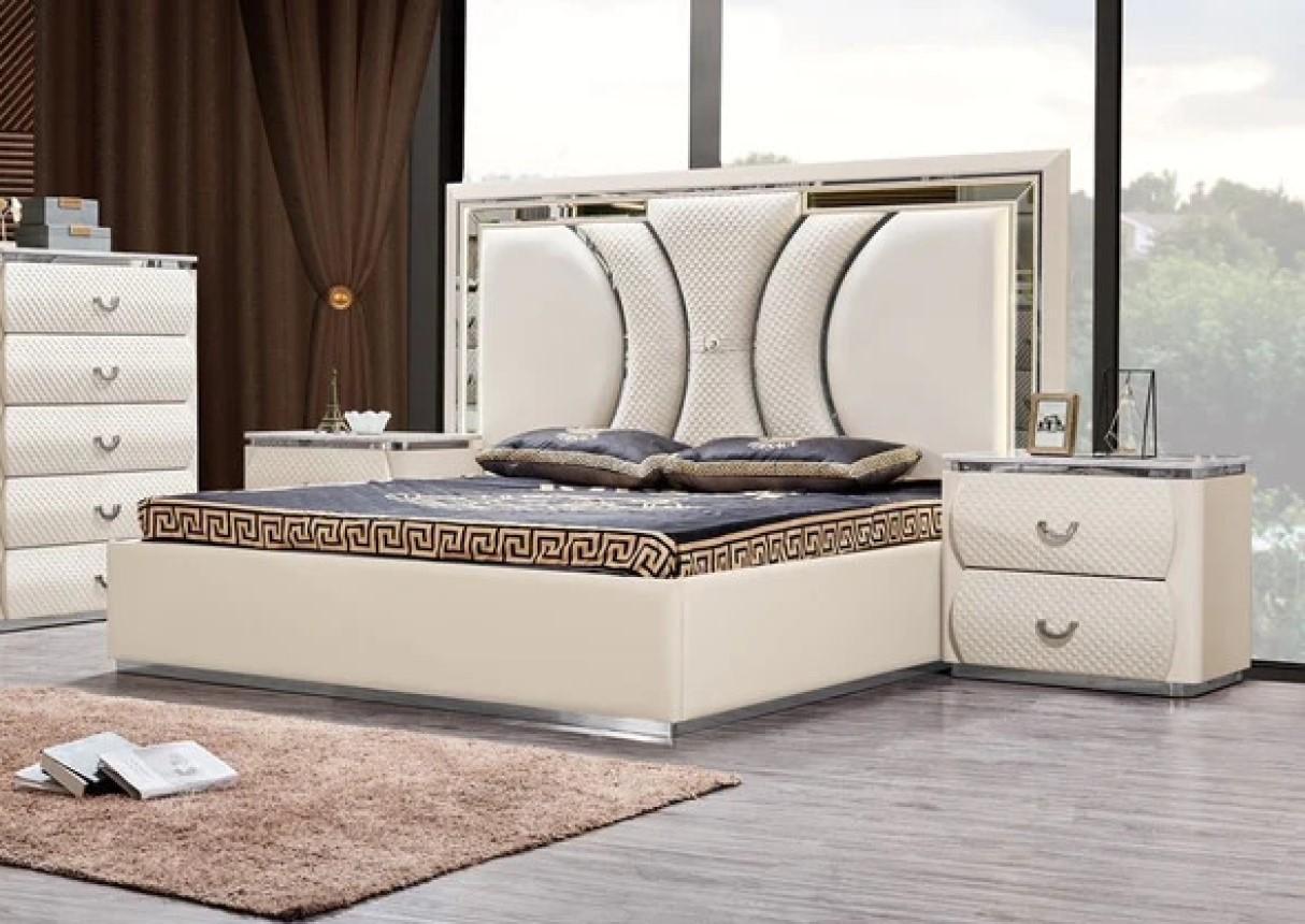 Contemporary Platform Bed B1002 B1002-CK in Chrome, Cream, White Bonded Leather
