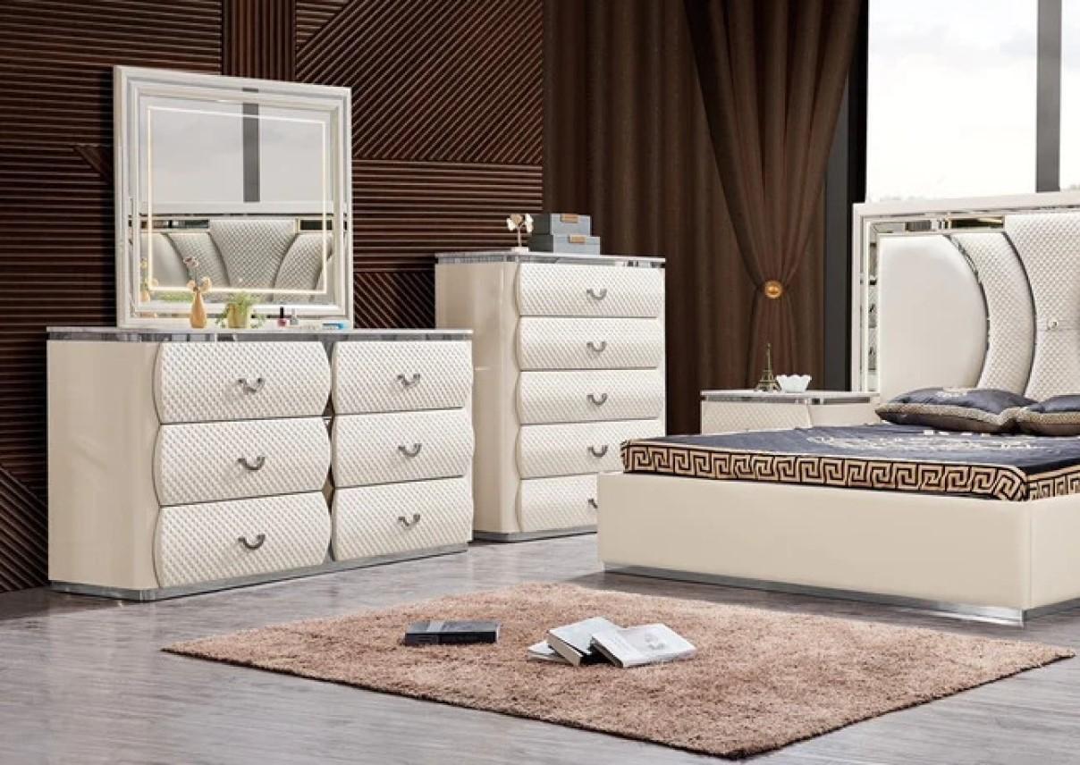 

    
McFerran Furniture B1002 Platform Bedroom Set Chrome/Cream/White B1002-CK-5PC
