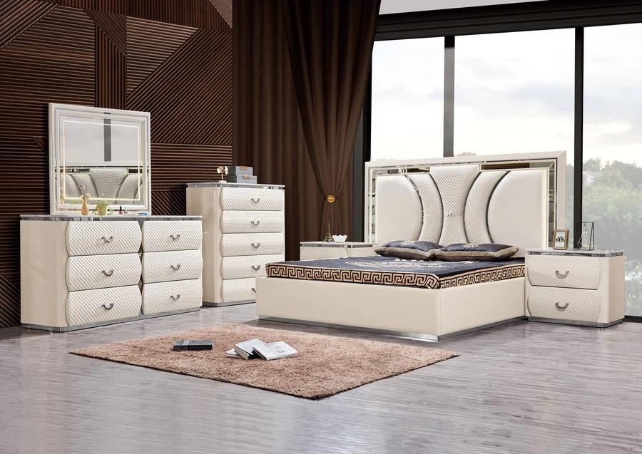 Contemporary Platform Bedroom Set B1002 B1002-EK-6PC in Chrome, Cream, White Bonded Leather