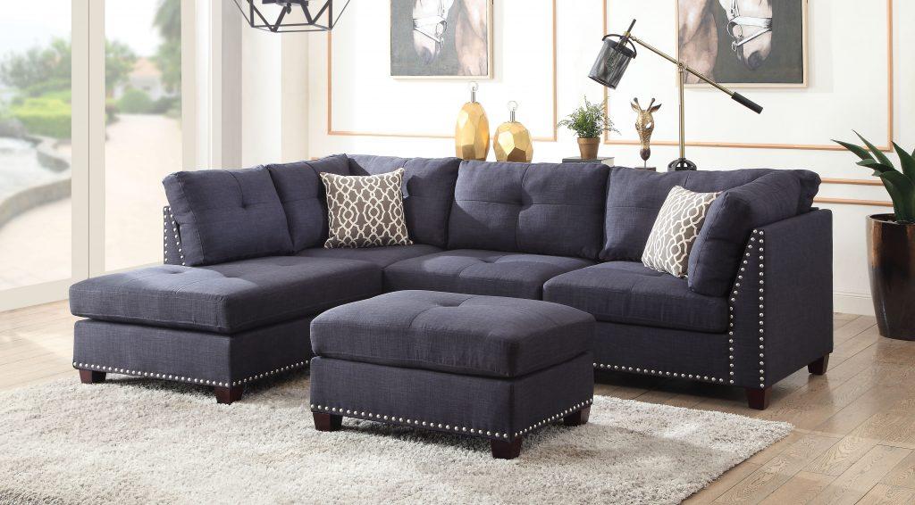Contemporary, Classic, Simple Sectional Sofa and Ottoman Laurissa 54365-3pcs in Blue Linen