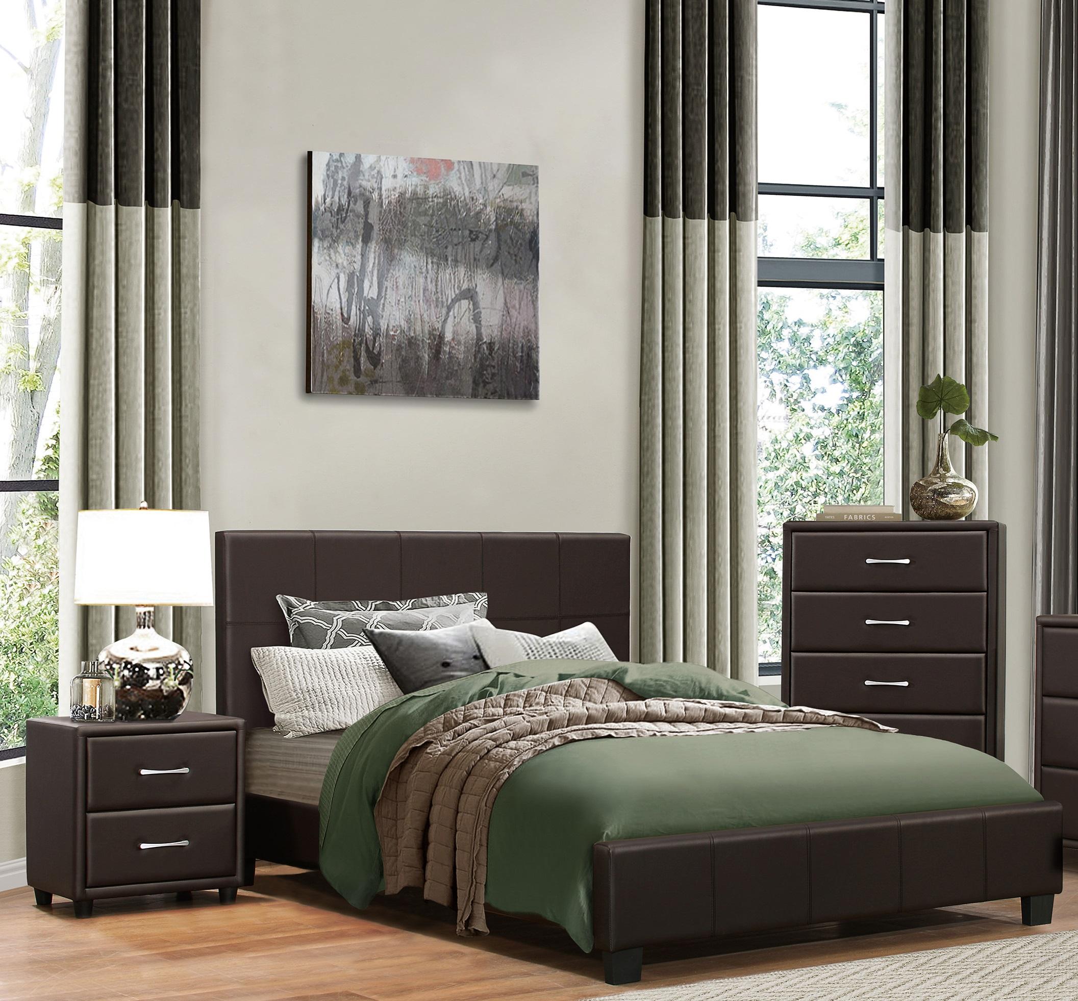 Contemporary Bedroom Set 2220KDBR-1CK-3PC Lorenzi 2220KDBR-1CK-3PC in Dark Brown Faux Leather